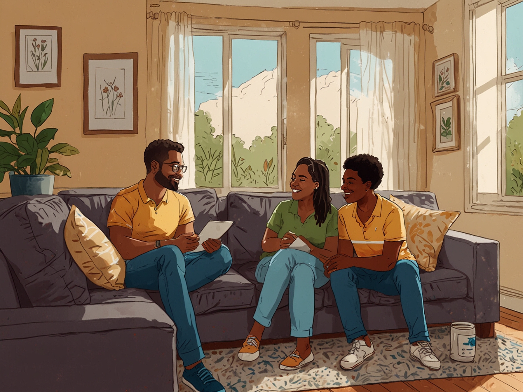 A family sitting together in their living room, engaged in a warm, reflective conversation about diversity and acceptance, illustrating the more personal and inclusive tone of this year's Pride Month.