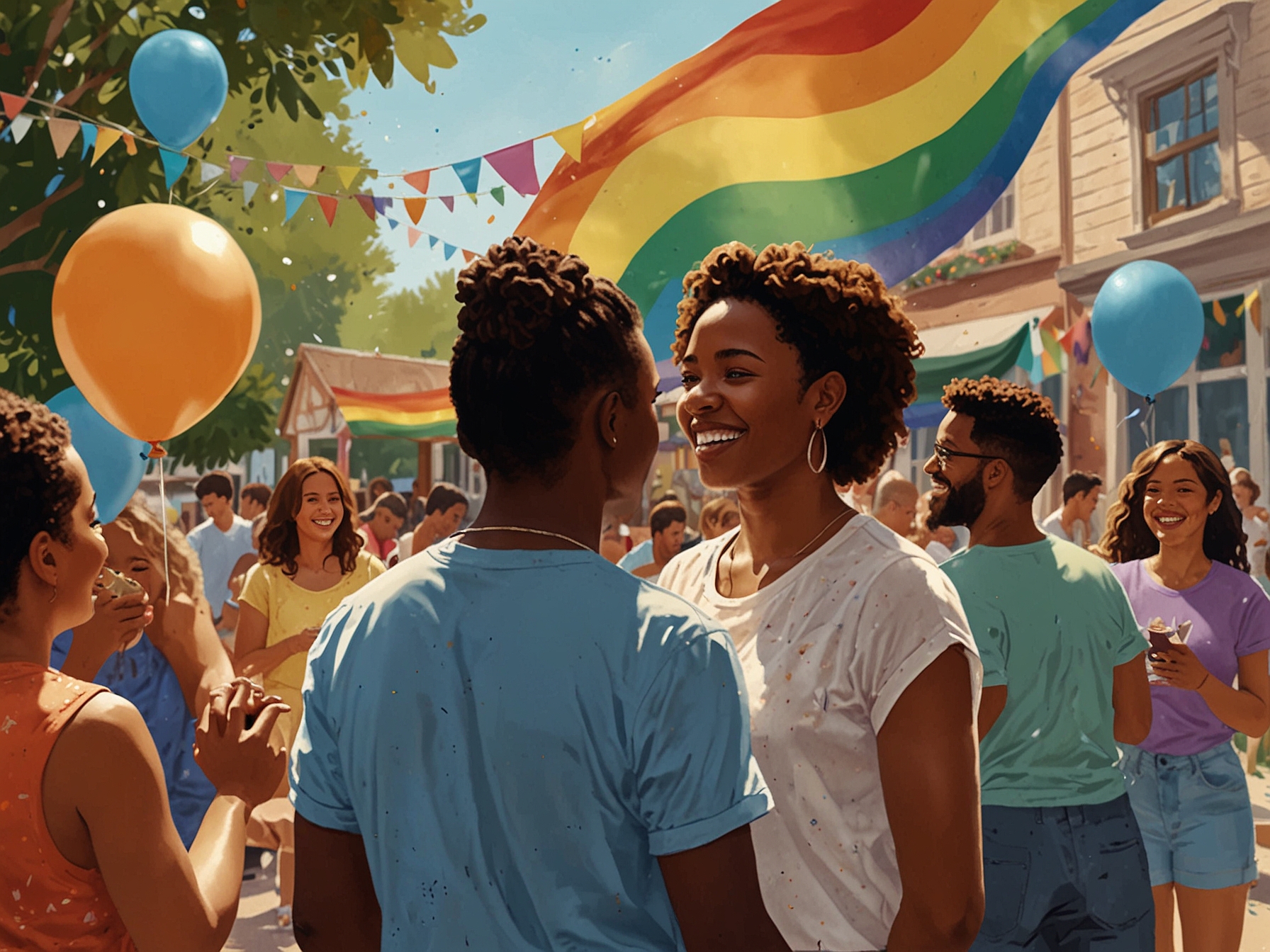 A community event with modest decorations, where families interact and children play, reflecting the scaled-back, more intimate celebrations that characterized this year's Pride Month.