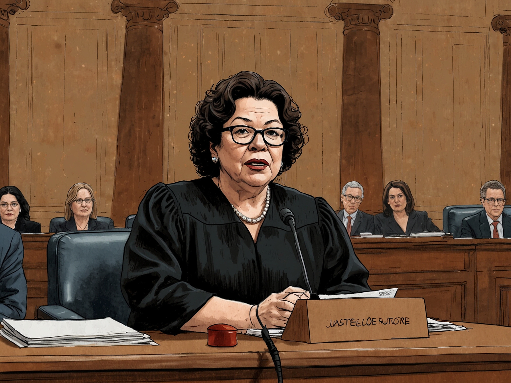 Justice Sonia Sotomayor expressing concern during a Supreme Court session, highlighting her view that Trump's immunity ruling could place presidents above the law.