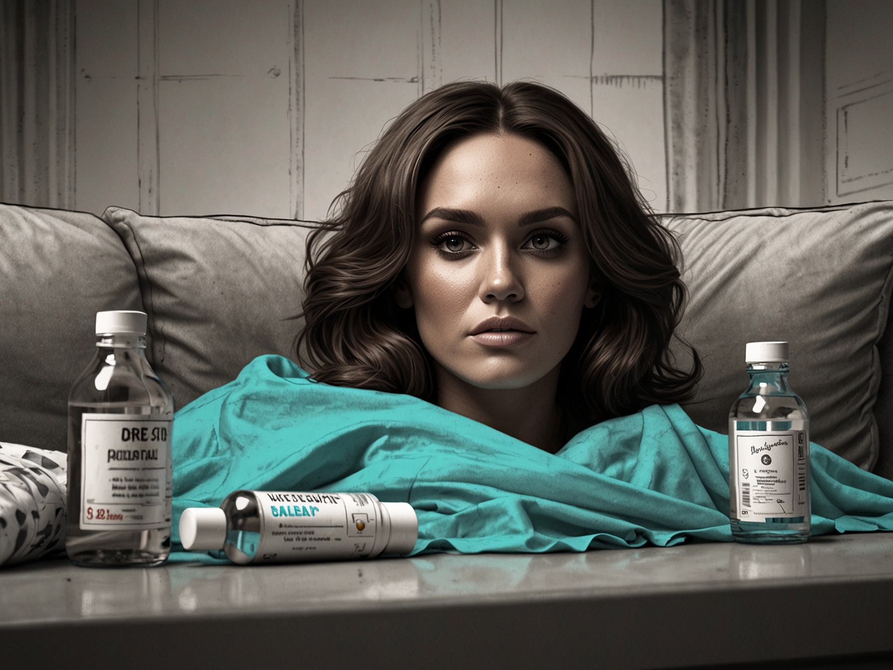 Vicky Pattison lying on a couch covered with a blanket, looking tired and weak, surrounded by medicine and water bottles, illustrating severe fatigue caused by glandular fever.