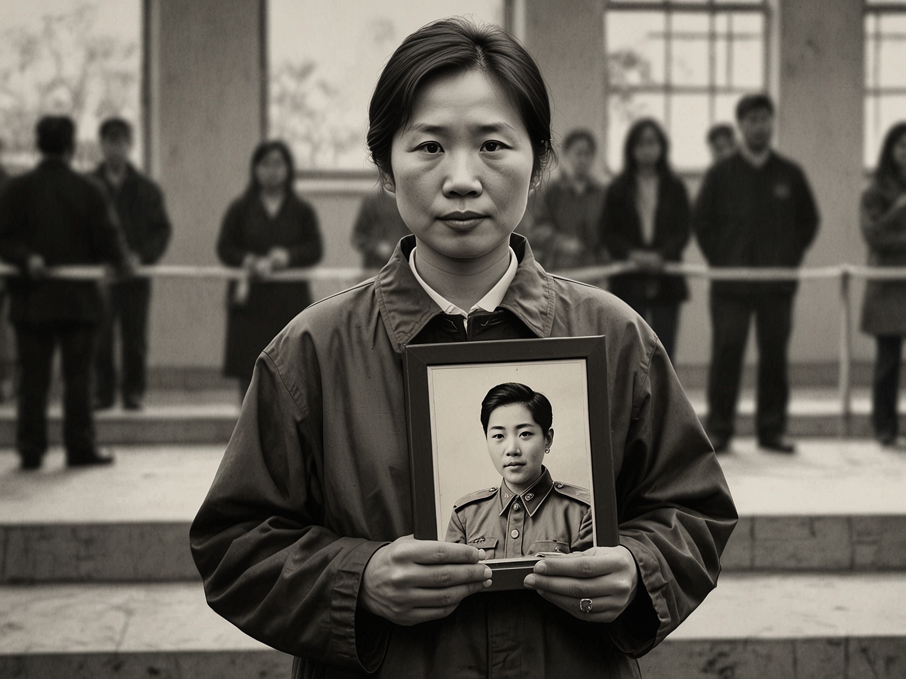 A family member of Hu Youping, holding a photograph of her, speaks emotionally at the ceremony. Awards and tributes are presented to acknowledge her extraordinary bravery and selflessness.
