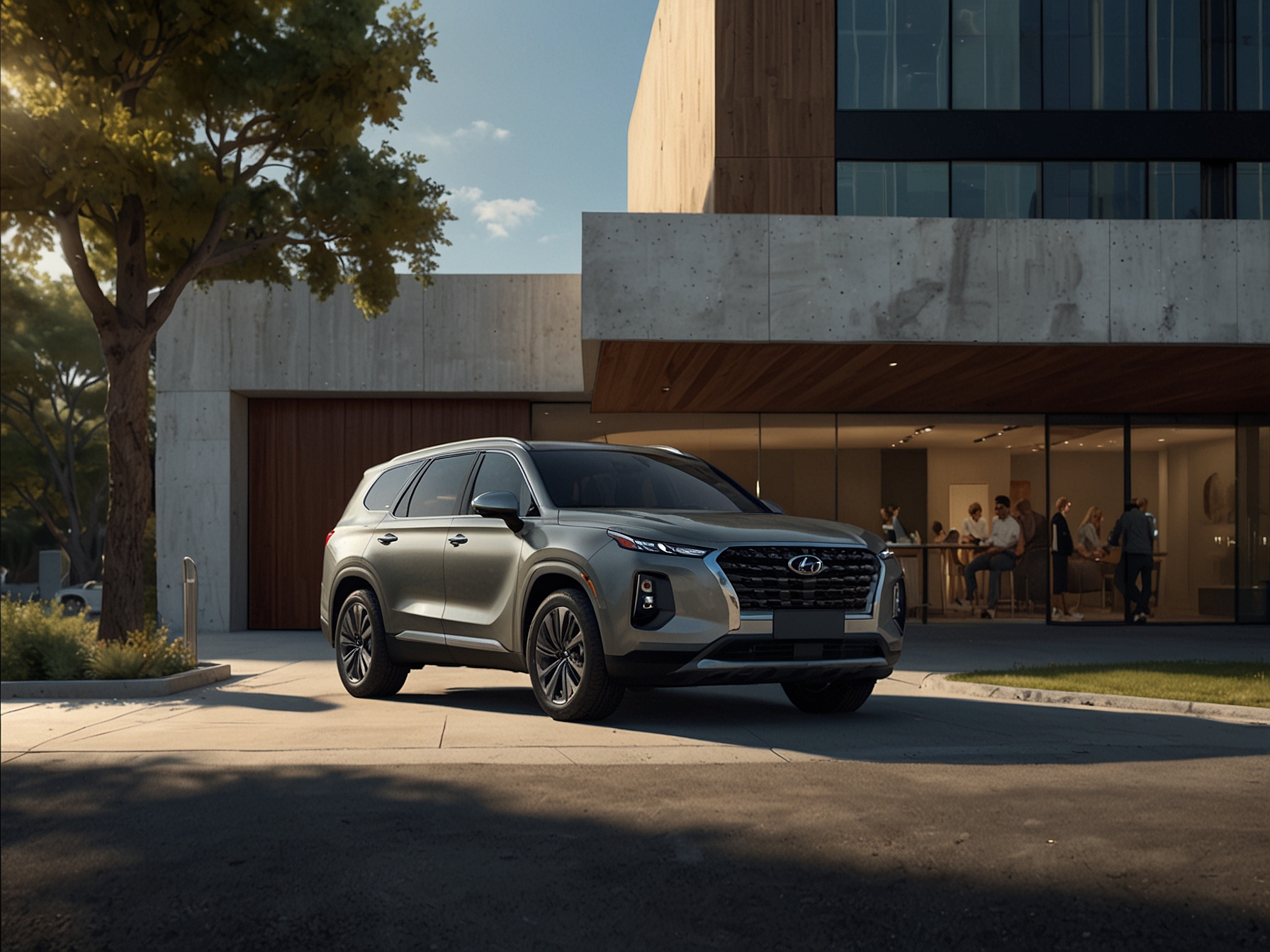 A gleaming new 2024 Hyundai Palisade parked in front of the Emilio Nares Foundation headquarters, symbolizing hope and support for families dealing with childhood cancer.