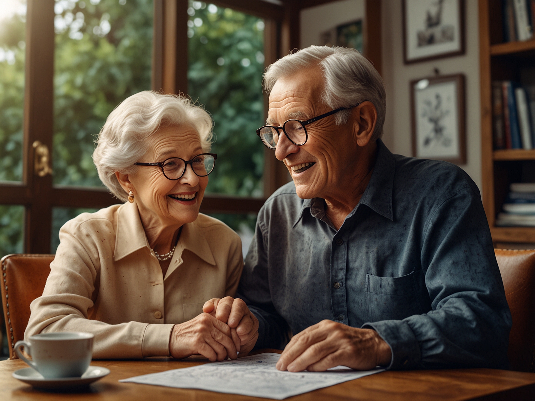 An elderly couple happily reviewing their retirement plans. Illustration of people extending their careers and delaying Social Security benefits for increased financial security in retirement.