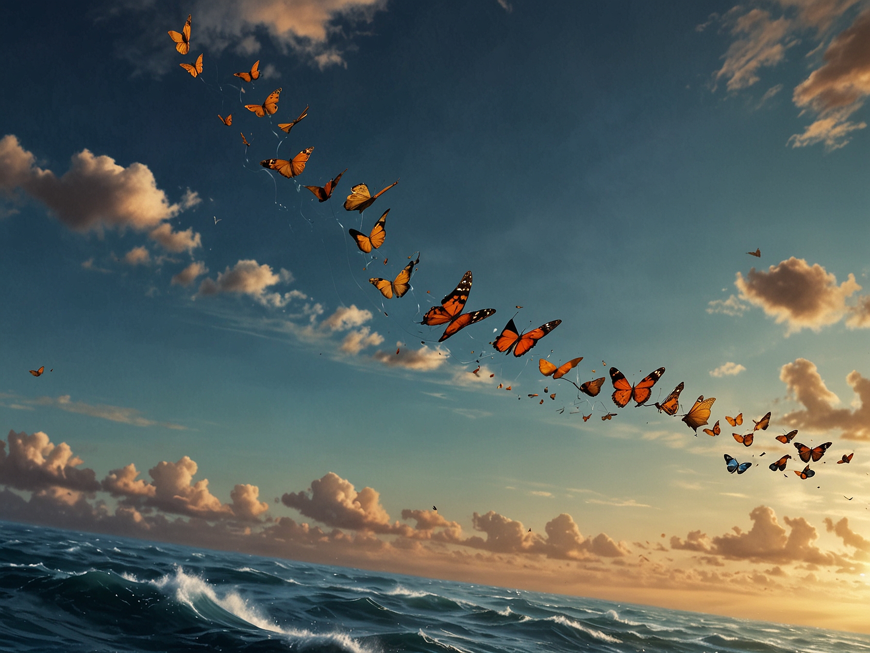 Illustration of a group of Painted Lady butterflies riding wind currents high above the Atlantic Ocean, showcasing their impressive migratory journey without stopping.