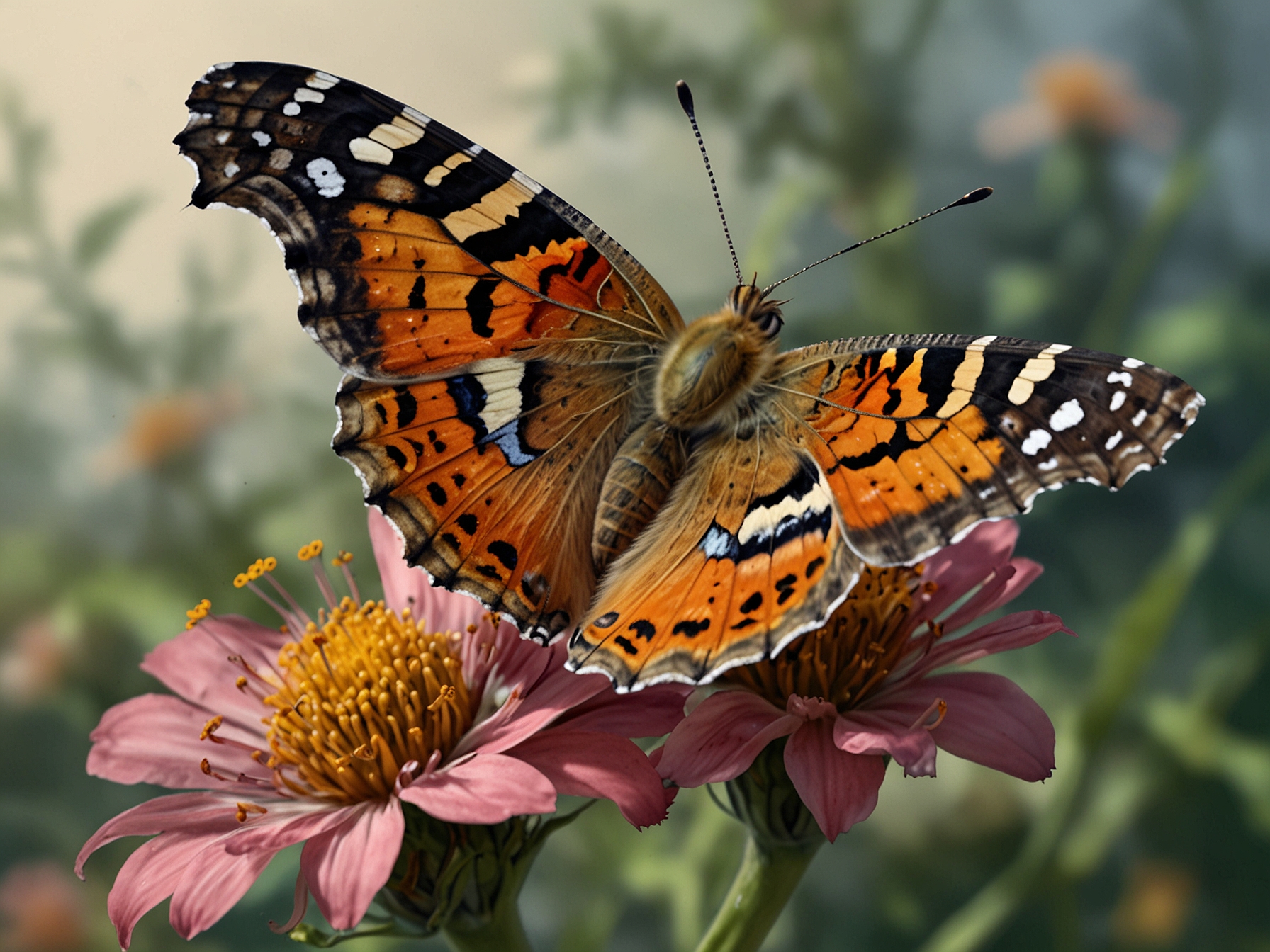 Detailed depiction of a Painted Lady butterfly feeding on nectar, highlighting the preparation and energy storage necessary for their remarkable transatlantic flight.