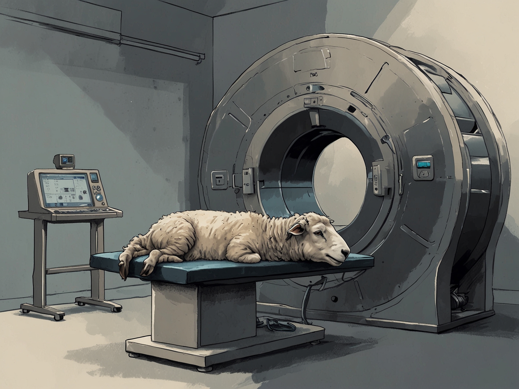 Image illustrating a sheep calmly lying in an MRI machine, depicting the successful training process to remain still and cooperative without the need for anesthesia.