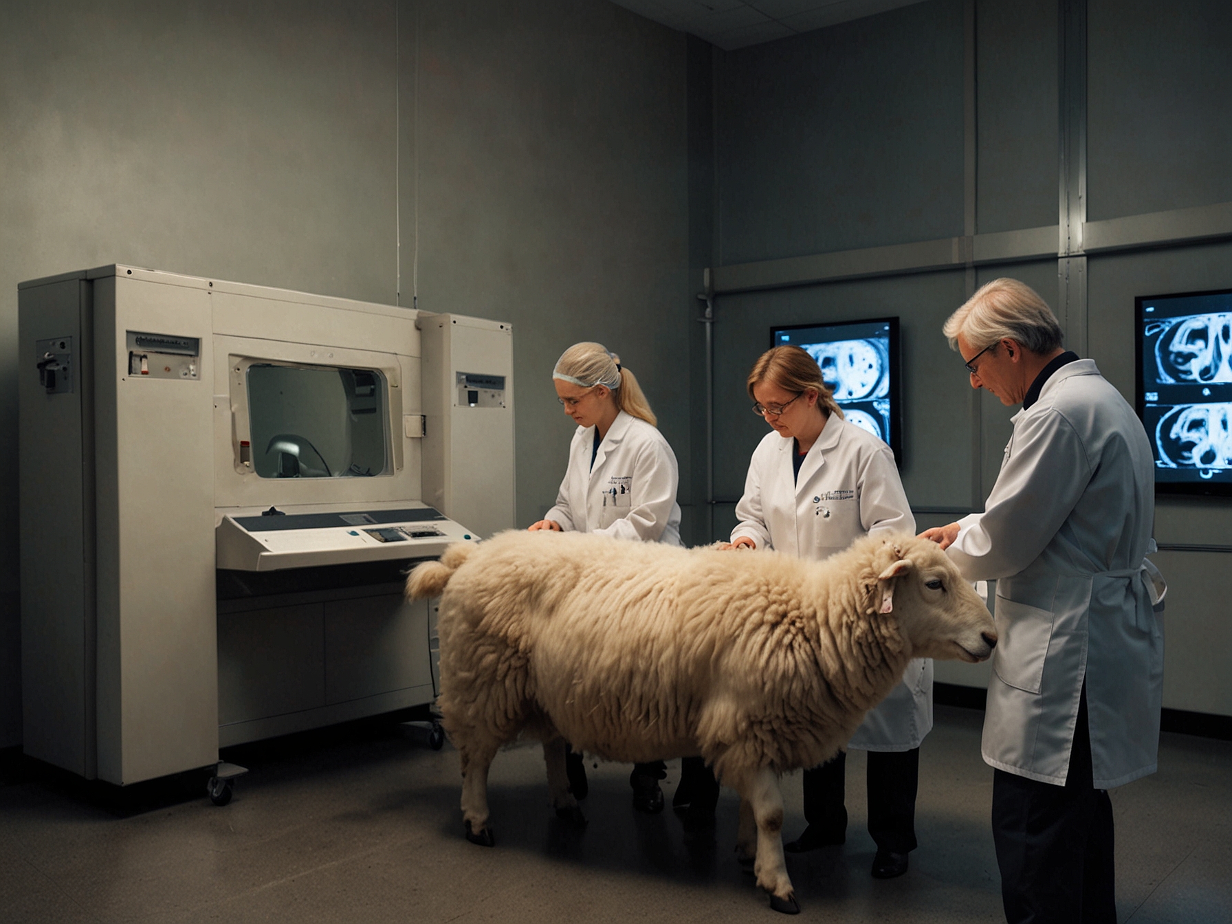 Researchers using positive reinforcement techniques, such as treats and gentle handling, to train sheep to stay calm and still during MRI procedures, enhancing data accuracy.