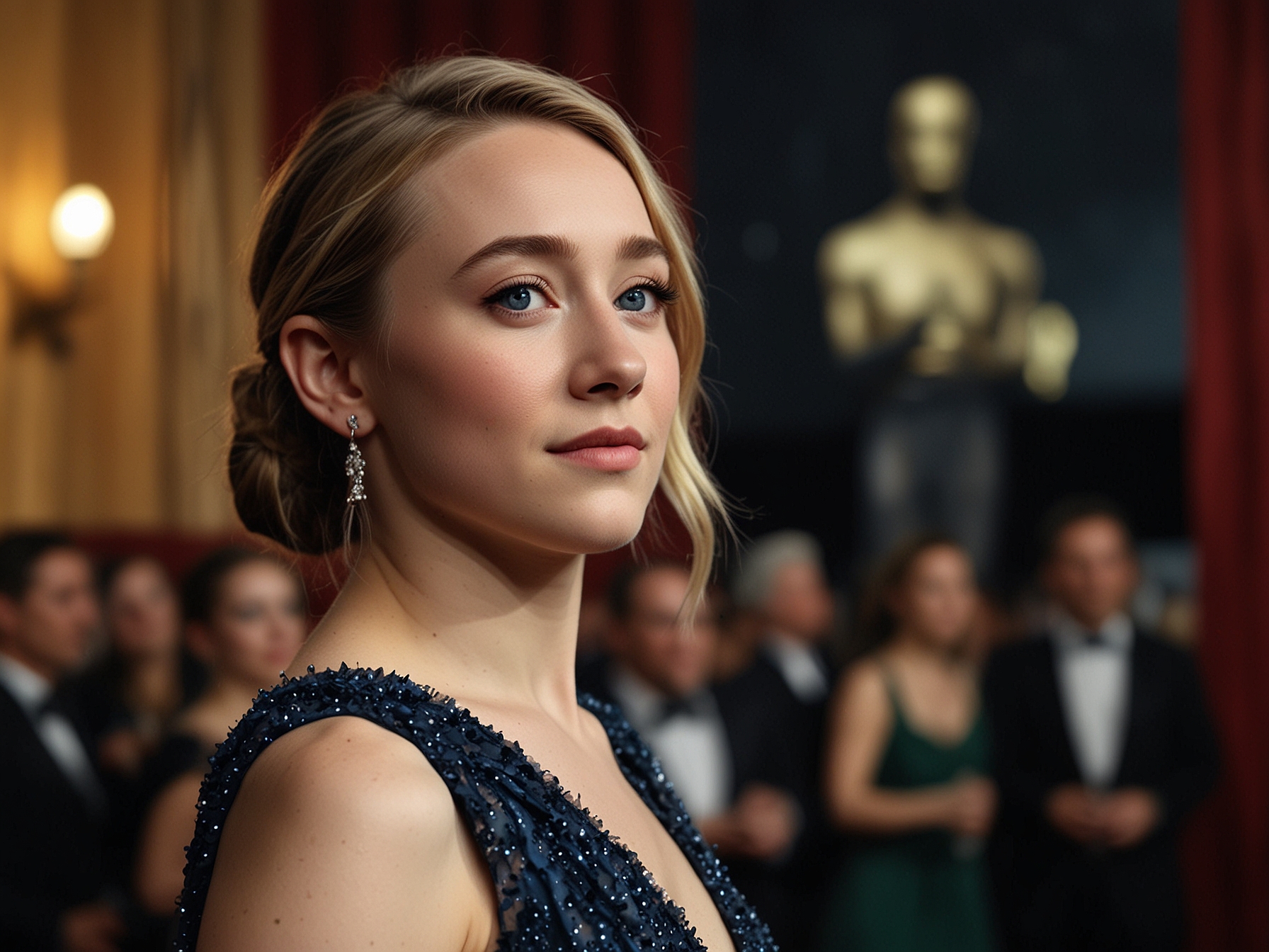 Saoirse Ronan at a movie premiere, capturing her poised and confident demeanor that matches her praised performance, marking her as a top contender for the Best Actress award at the 2025 Oscars.