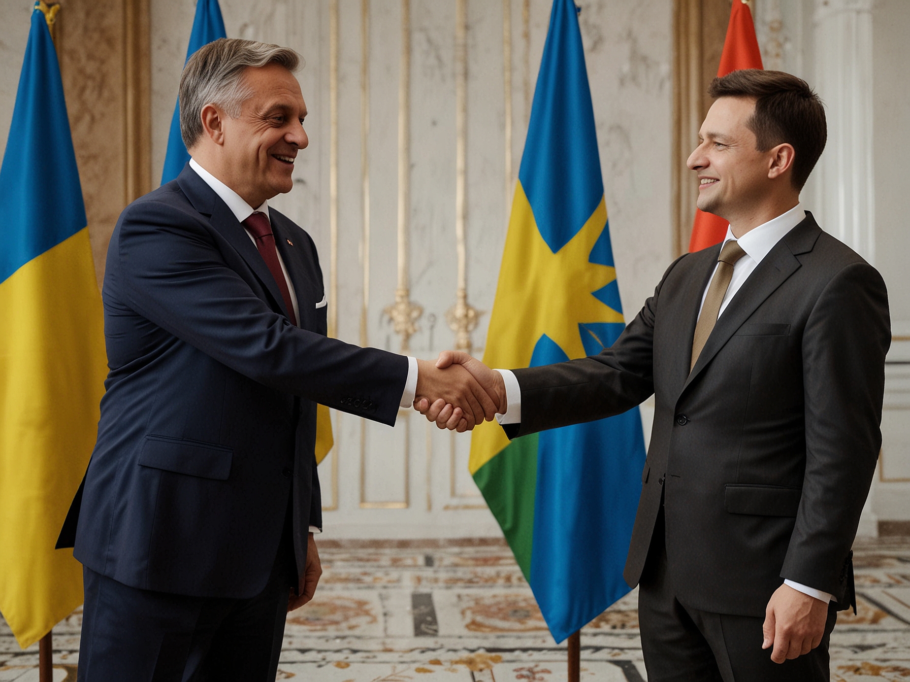 Hungarian Prime Minister Viktor Orbán and Ukrainian President Volodymyr Zelenskyy shake hands in Kyiv, symbolizing a critical diplomatic engagement amidst the ongoing conflict with Russia.