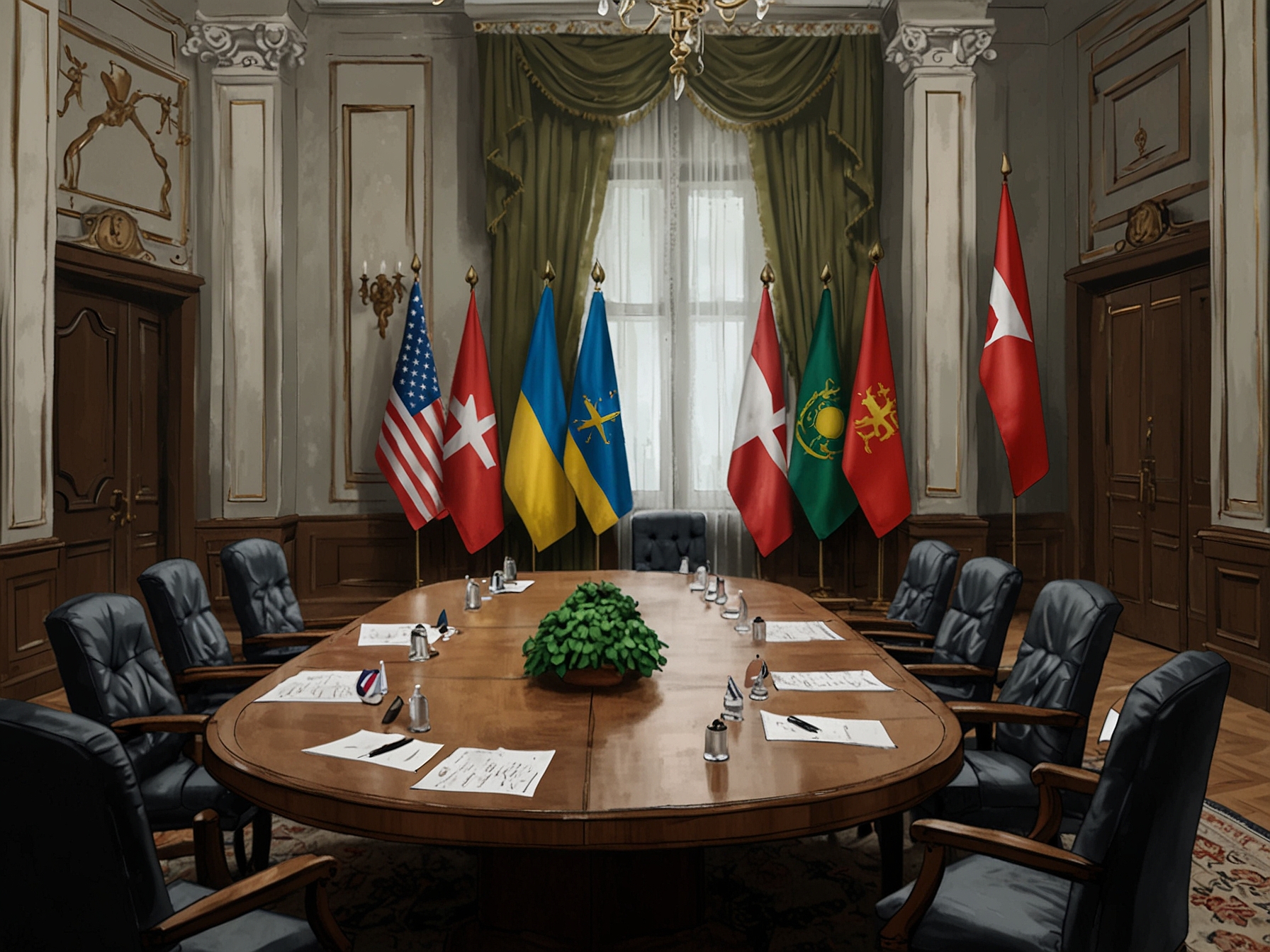 A meeting room setup with flags of Hungary and Ukraine, representing the high-stakes discussions between Orbán and Zelenskyy on military aid, reconstruction, and geopolitical strategies.