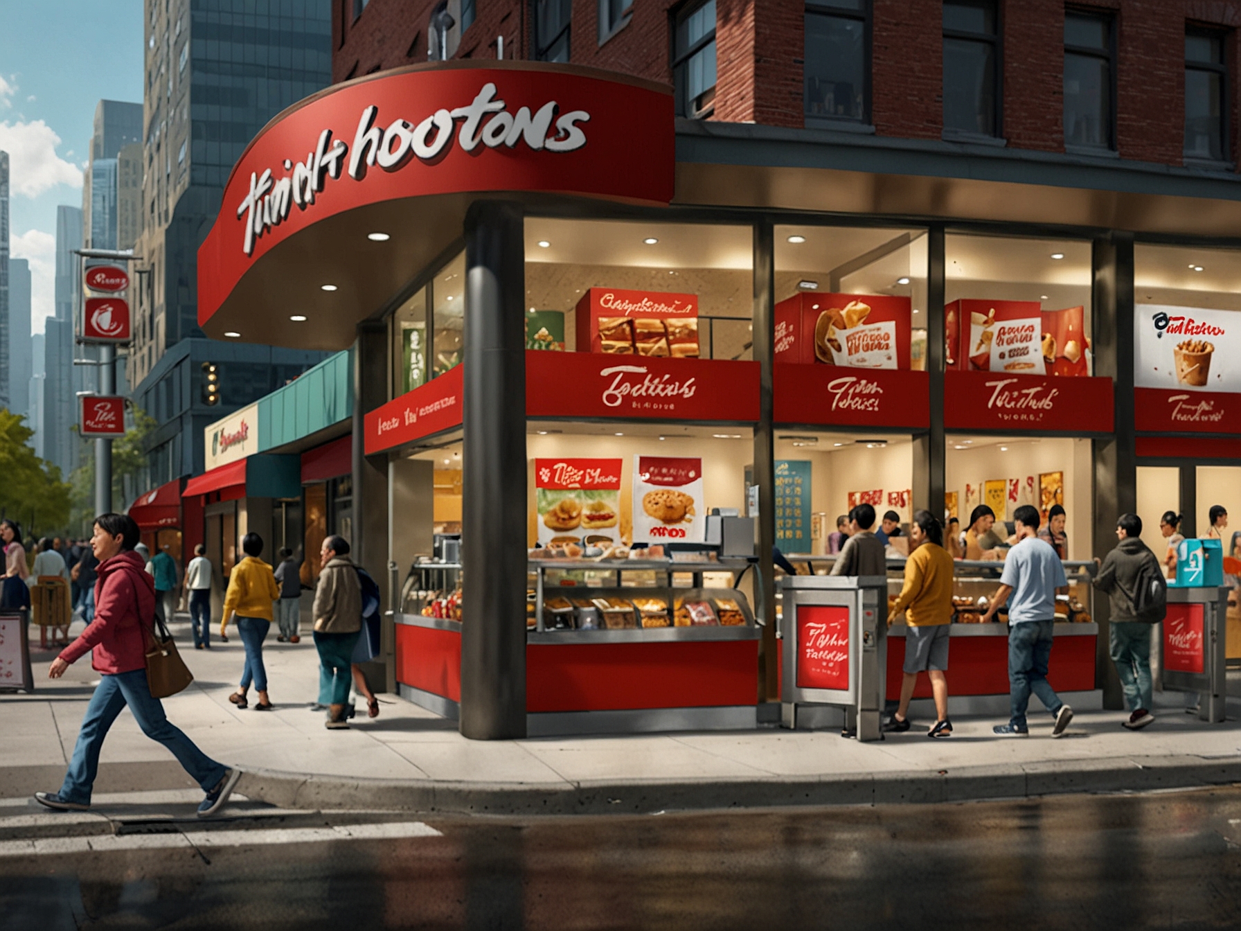 An illustration of Tim Hortons' new store openings in major Chinese cities, highlighting the partnership with Cartesian Capital Group for market expansion and local adaptation.