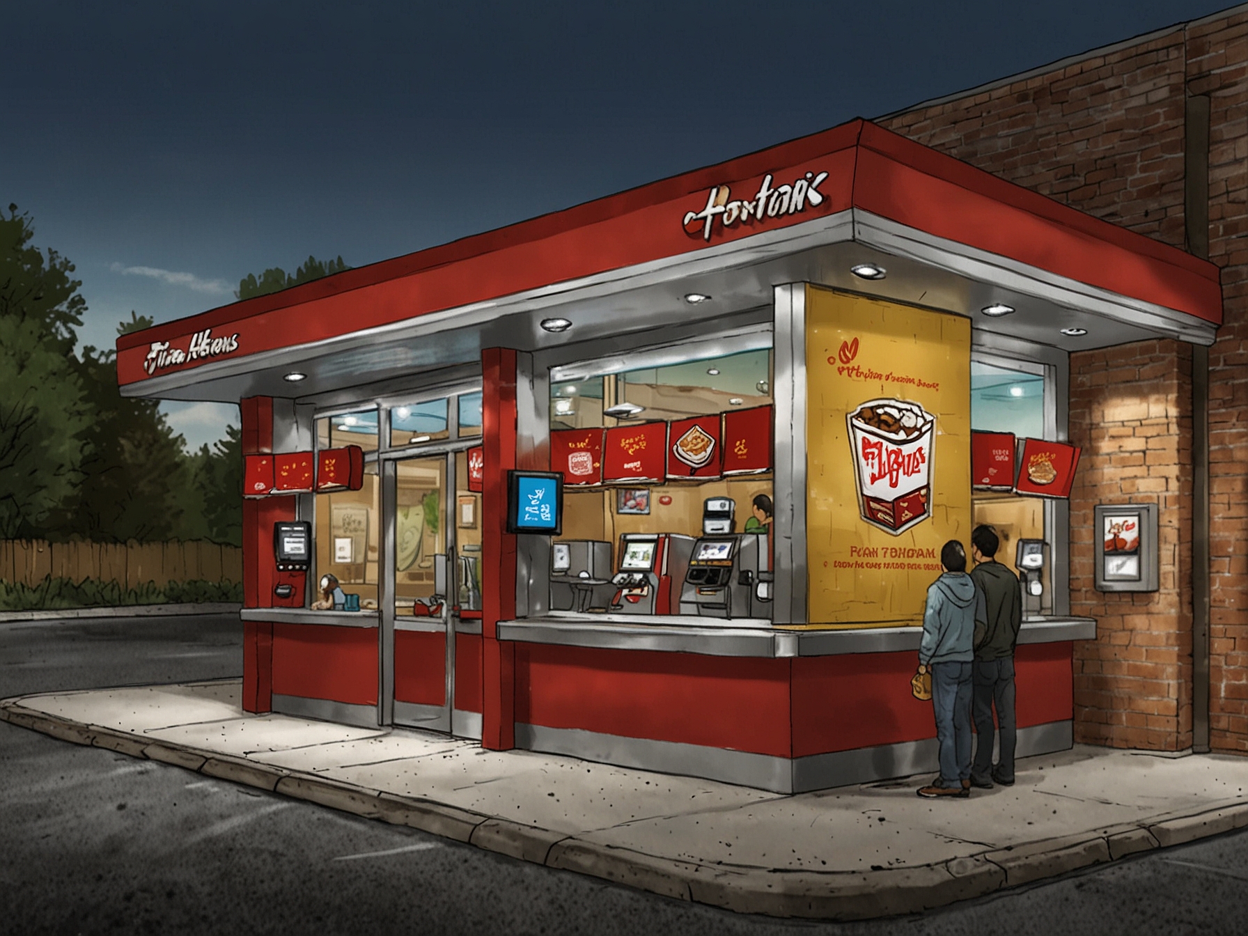 A digital representation showing the collaboration between Tim Hortons and a Chinese tech firm, featuring mobile payment options, loyalty programs, and a seamless digital customer experience.