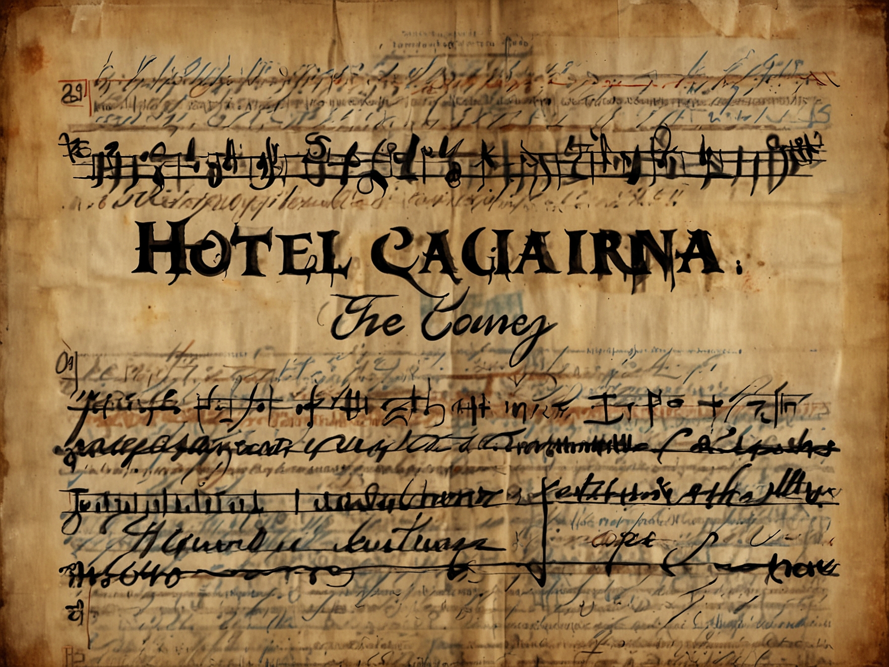A close-up shot of handwritten lyrics on vintage paper, symbolizing the cultural and sentimental value of 'Hotel California'.