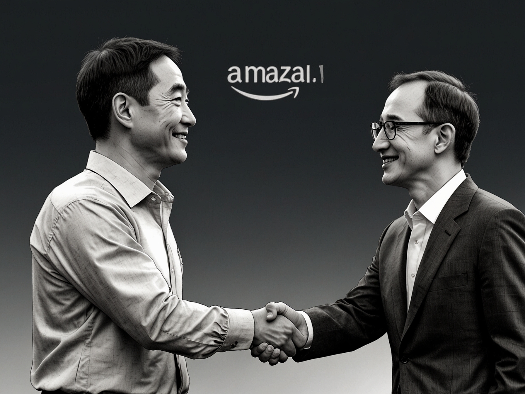 SK Group Chairman Chey Tae-won shaking hands with Amazon CEO Andy Jassy and Intel CEO Pat Gelsinger, symbolizing the strategic partnership to advance AI semiconductor technology.