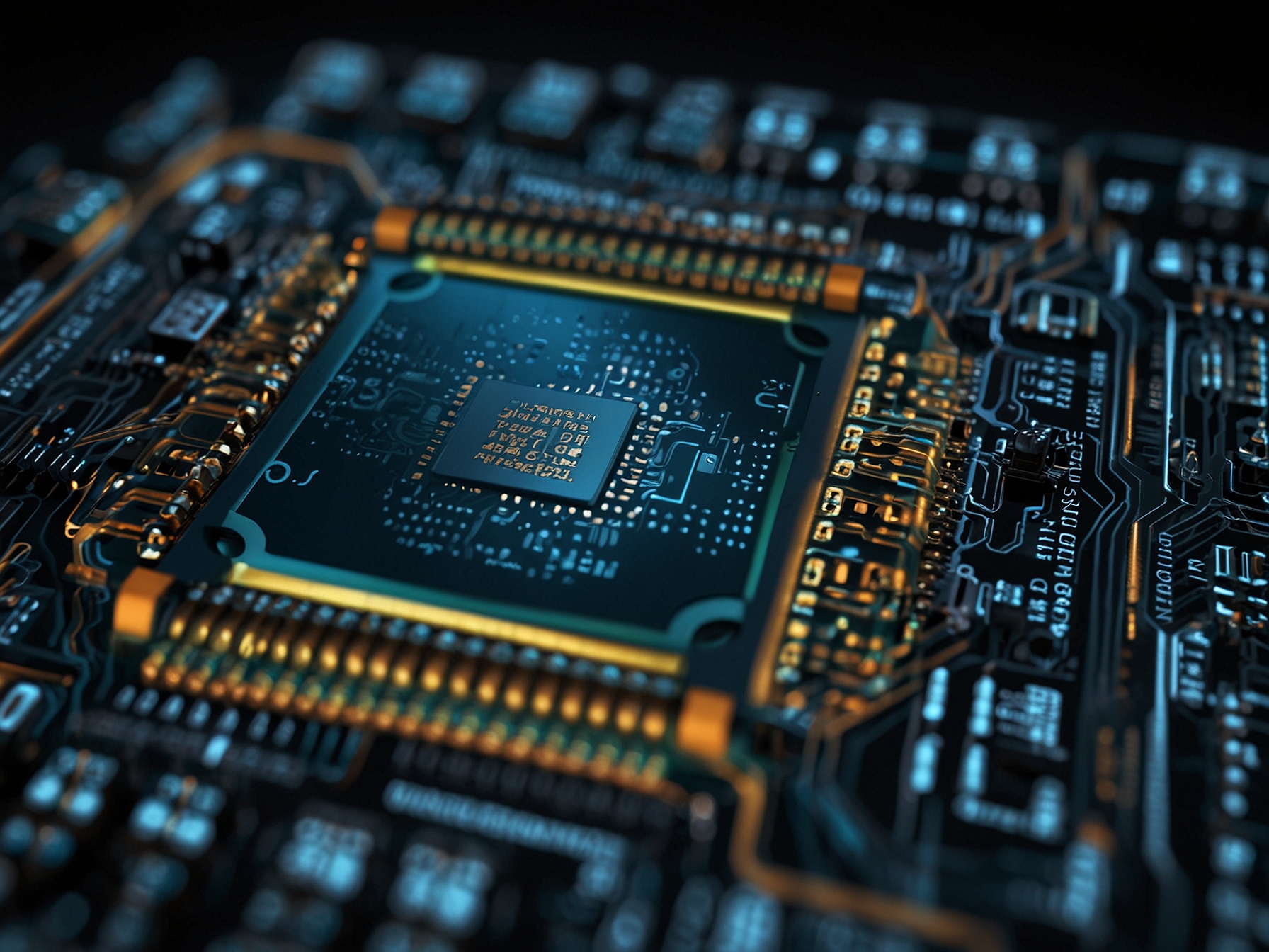 A close-up of advanced AI semiconductor chips, highlighting the potential innovations from the collaboration between SK Group, Amazon, and Intel to enhance processing power and energy efficiency.