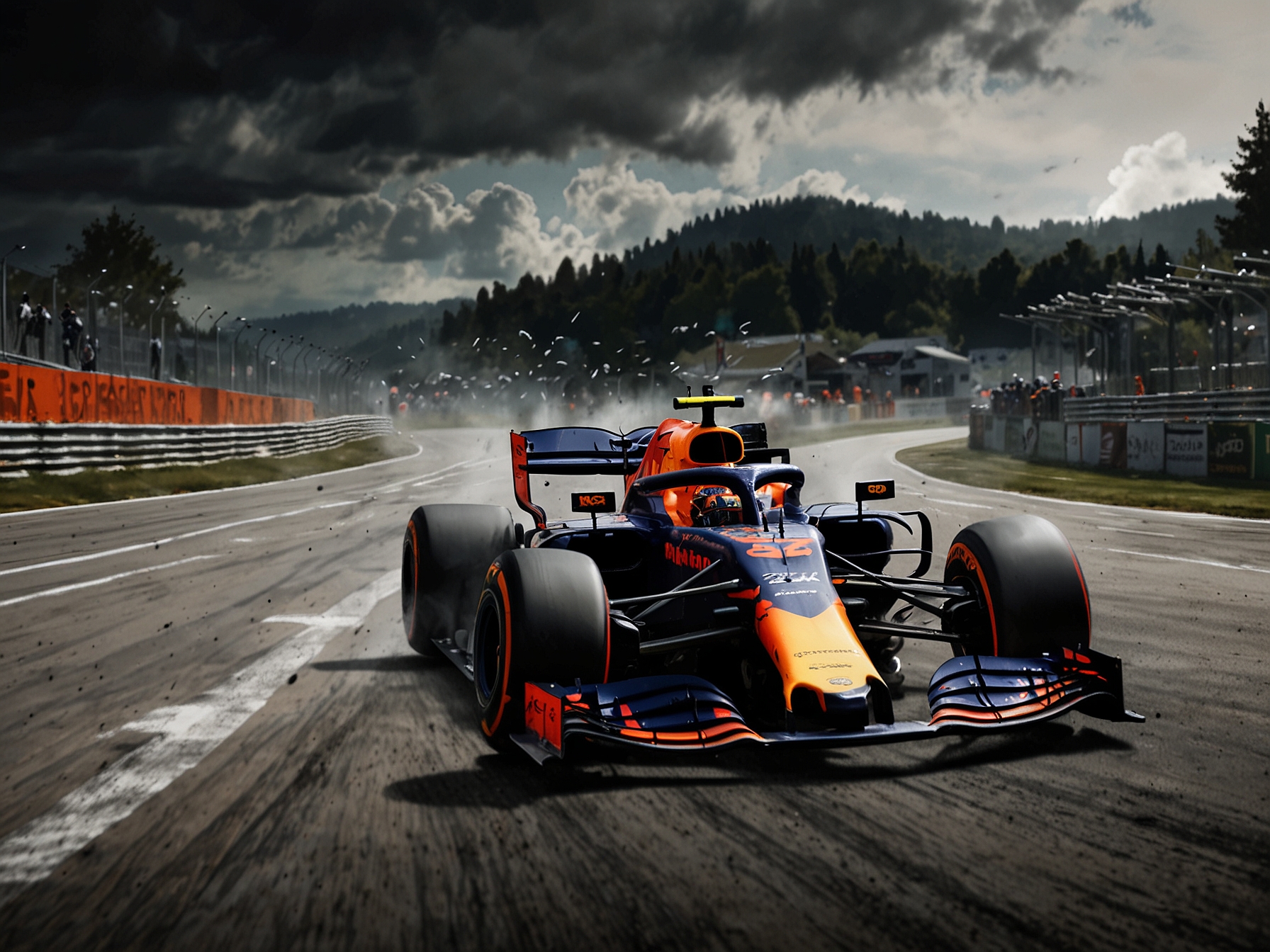 An intense moment from the Austrian Grand Prix showing Max Verstappen in close pursuit of Lando Norris, capturing the fierce competition and strategic maneuvers that defined their race.
