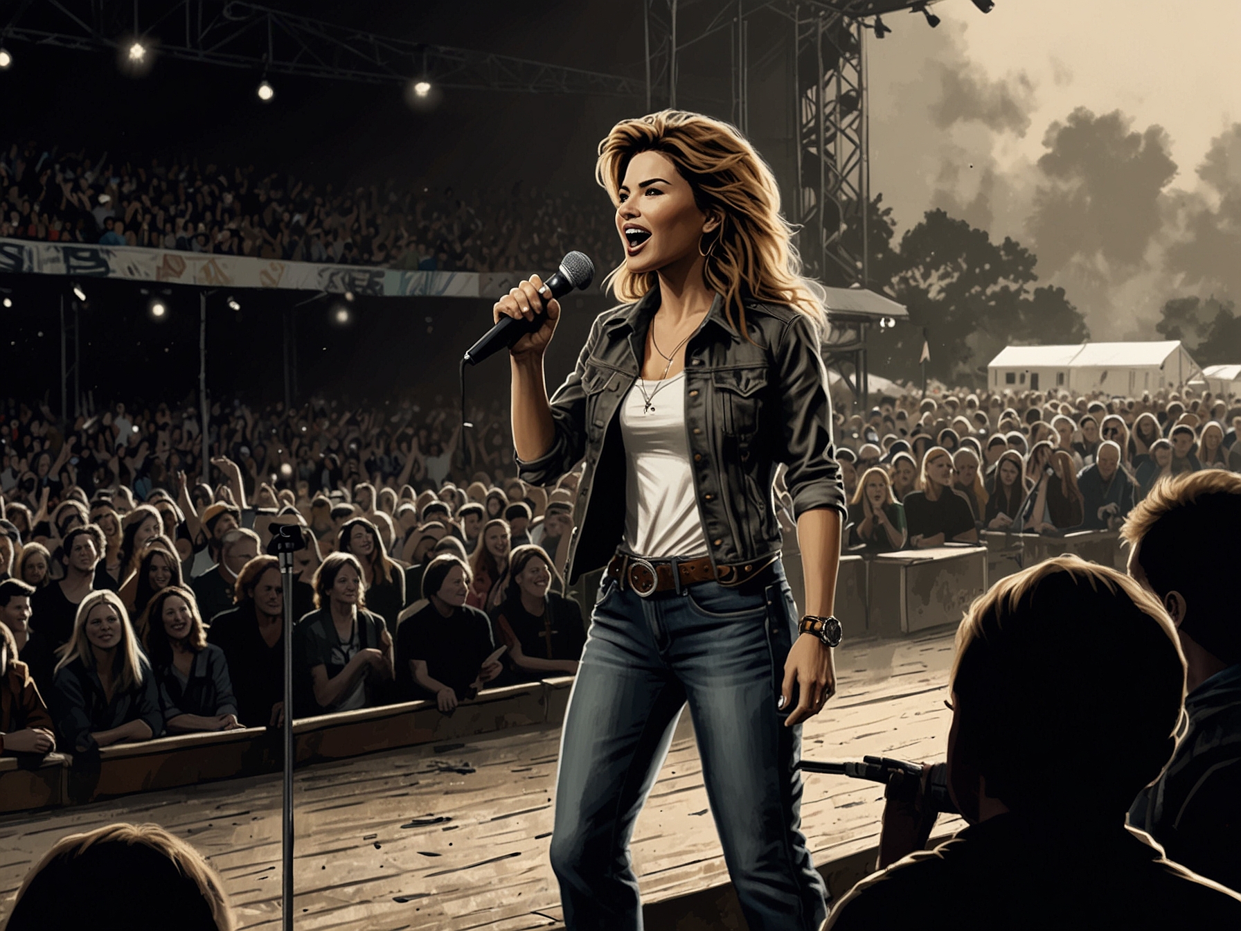 Shania Twain stands on stage at Glastonbury, holding a microphone, with a large crowd in the background. Her expression shows determination as she deals with technical difficulties.