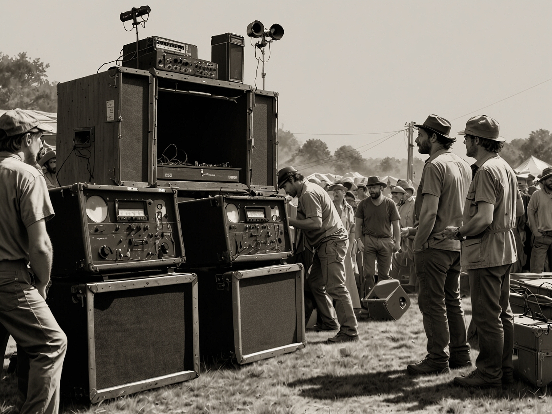 Glastonbury technicians work frantically around sound equipment as the audience waits in anticipation. The image captures the tension and urgency behind the scenes during Twain's set.