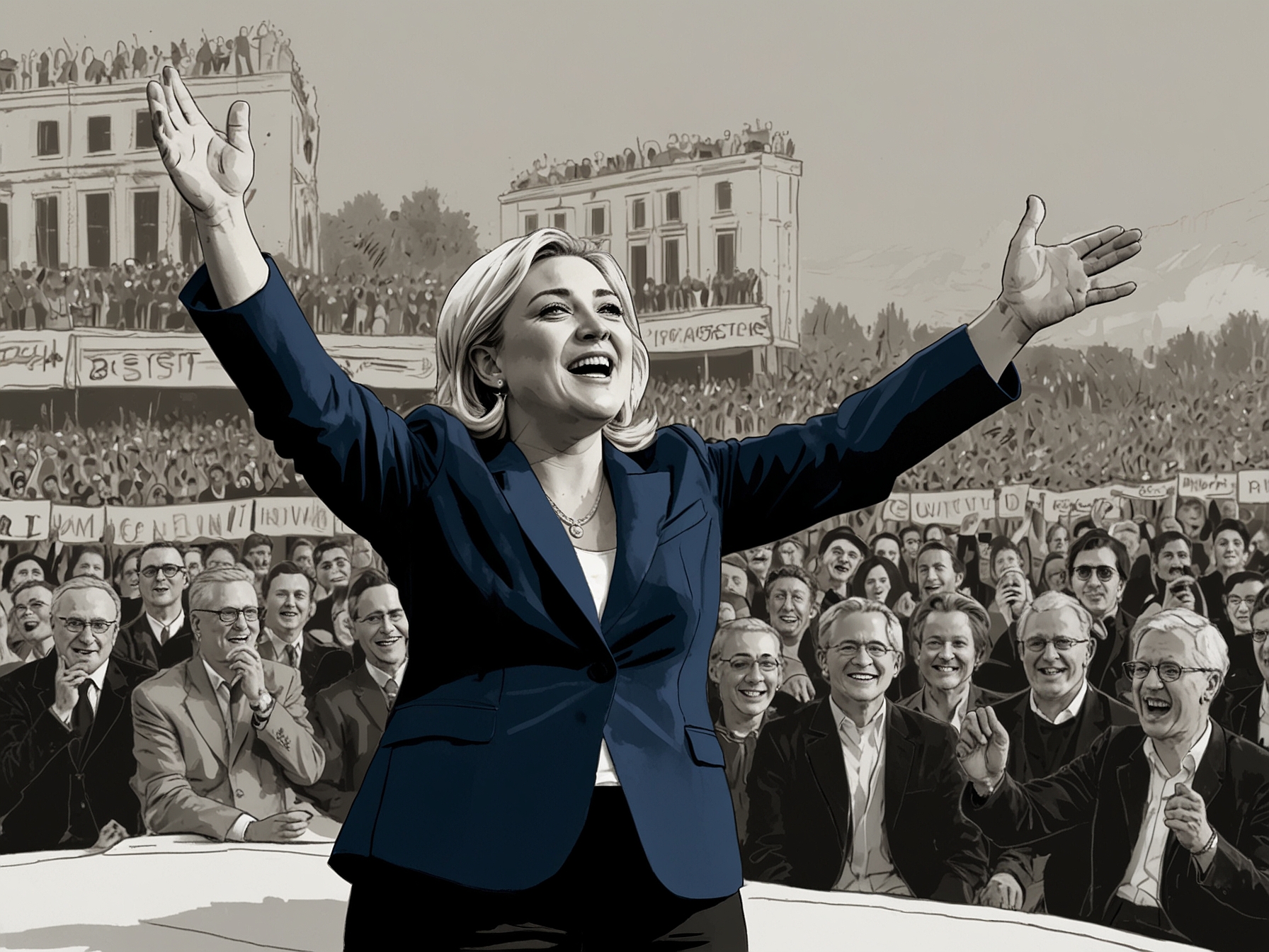 Marine Le Pen addressing her supporters during a rally, capturing the exuberant energy and growing support for the far-right in France's shifting political landscape.