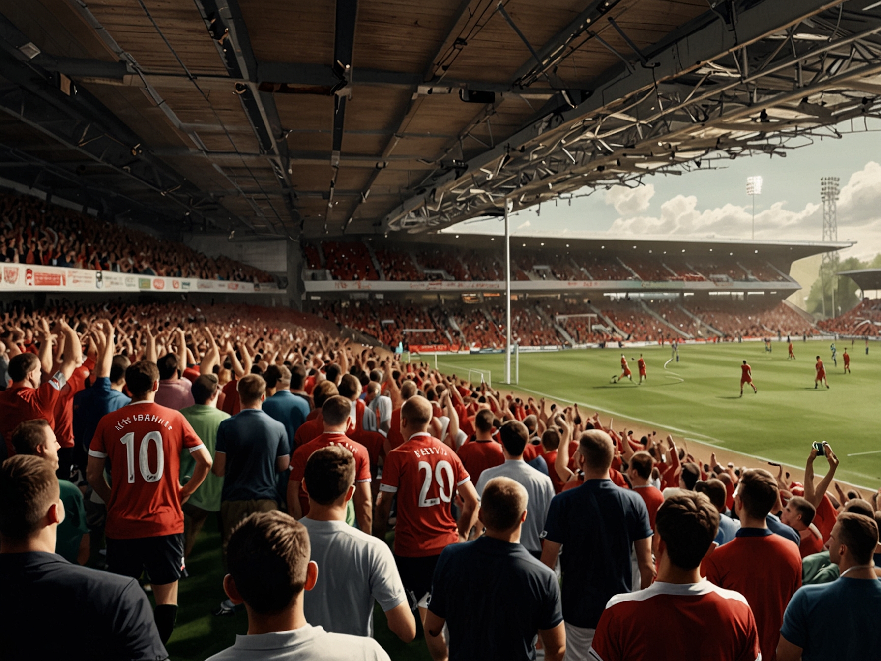 A packed Wrexham stadium with fans celebrating the new signing, illustrating the excitement and renewed hope among supporters for the upcoming season.