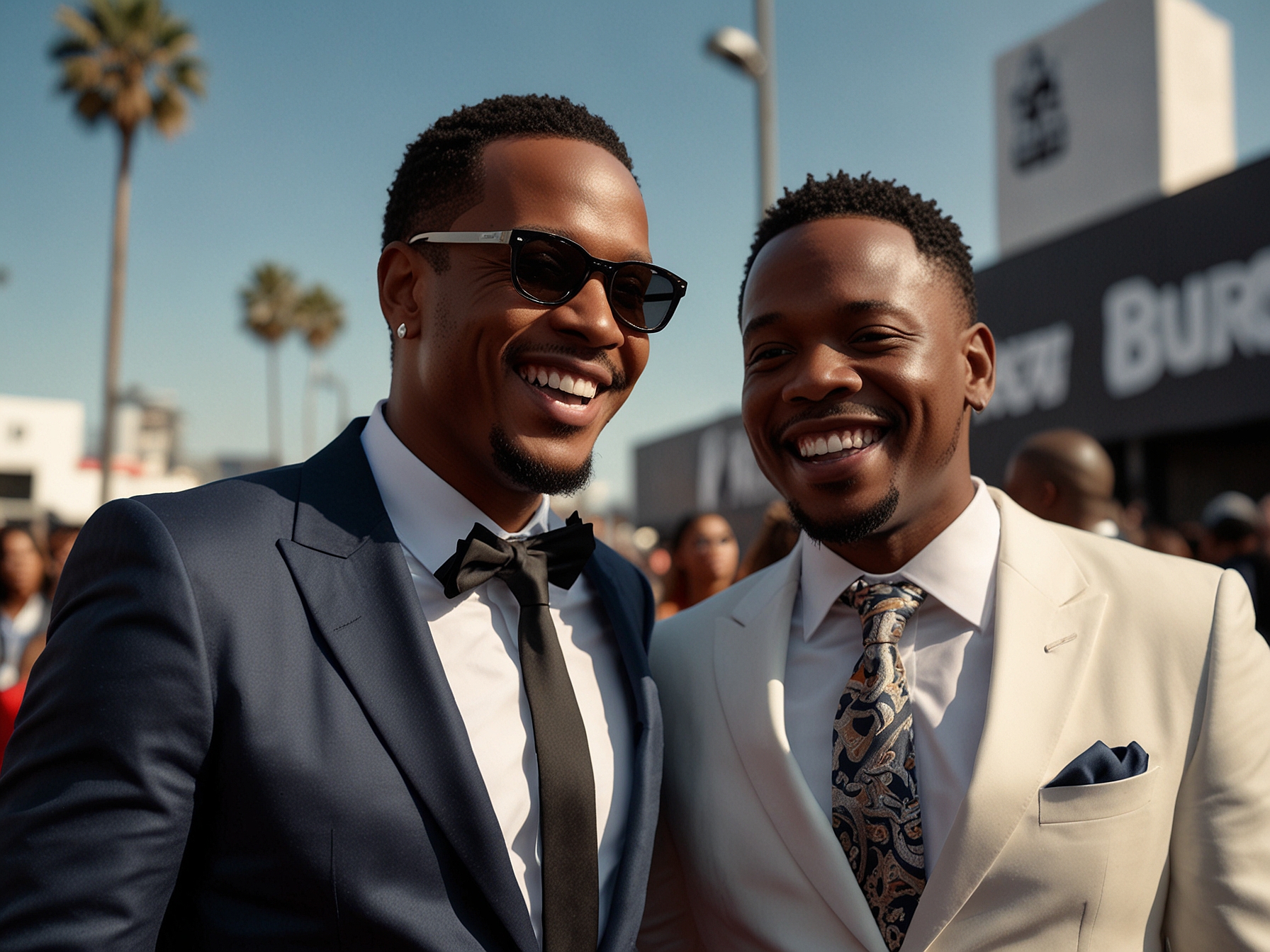 BossMan Dlow and Carl Lamarre share a light-hearted moment during their interview on the red carpet at the BET Awards 2024, with Dlow dressed in a sleek, tailored outfit.