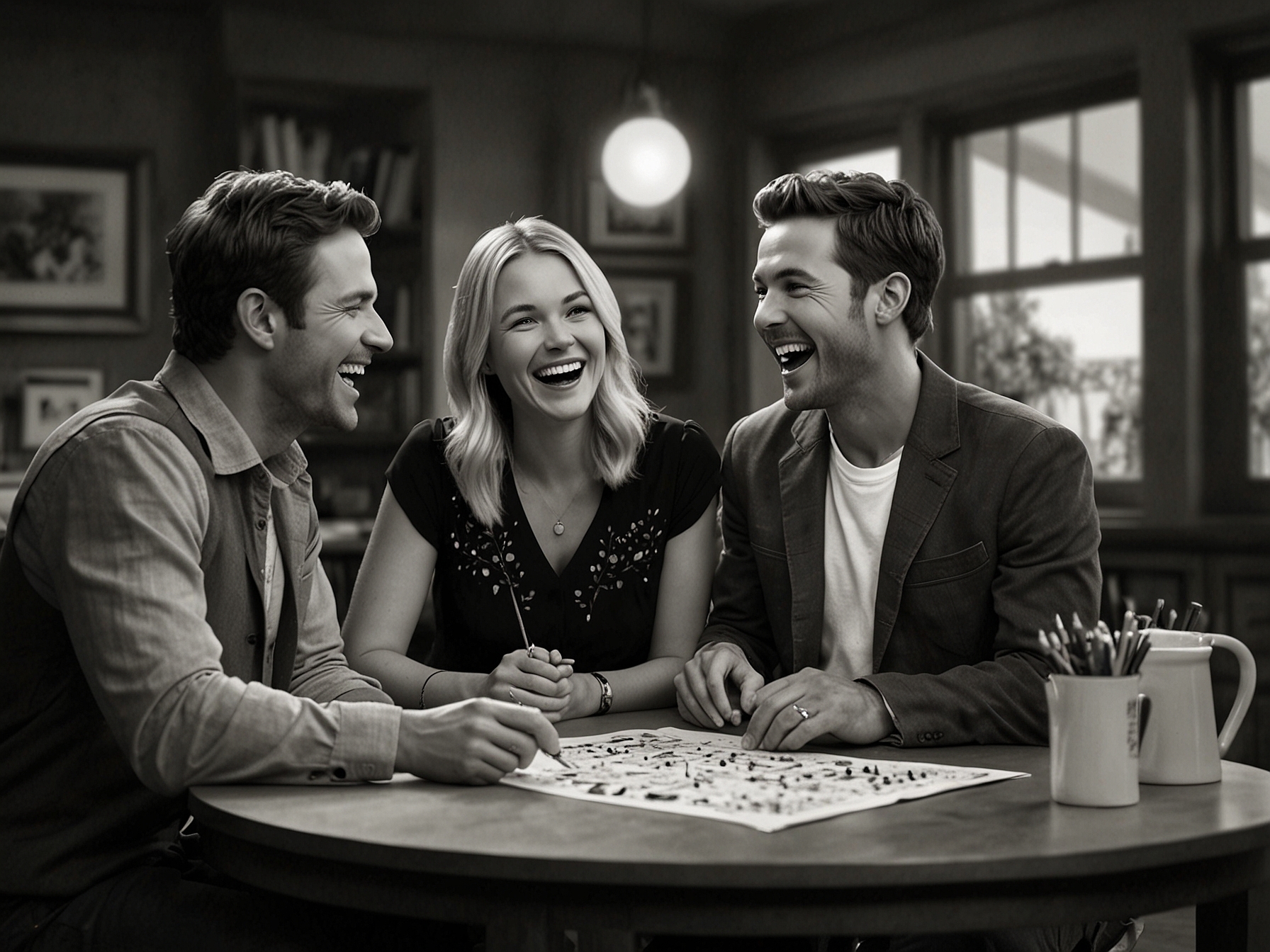 The 'Good Partner' cast members share a lighthearted moment on 'Amazing Saturday,' laughing and engaging in a fun game as they decipher song lyrics, showcasing their chemistry.