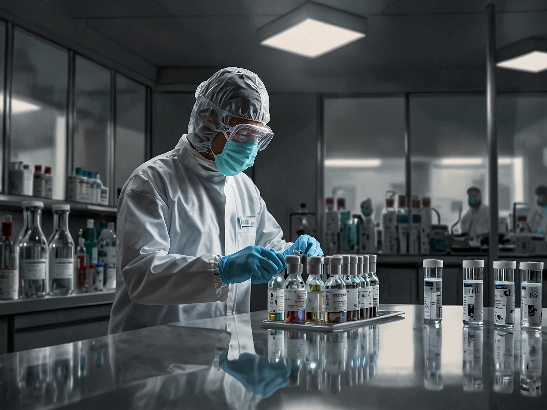 A laboratory technician in protective gear handles vials containing vaccines, representing Emergent BioSolutions' strategic efforts in preparing medical countermeasures for biological threats.
