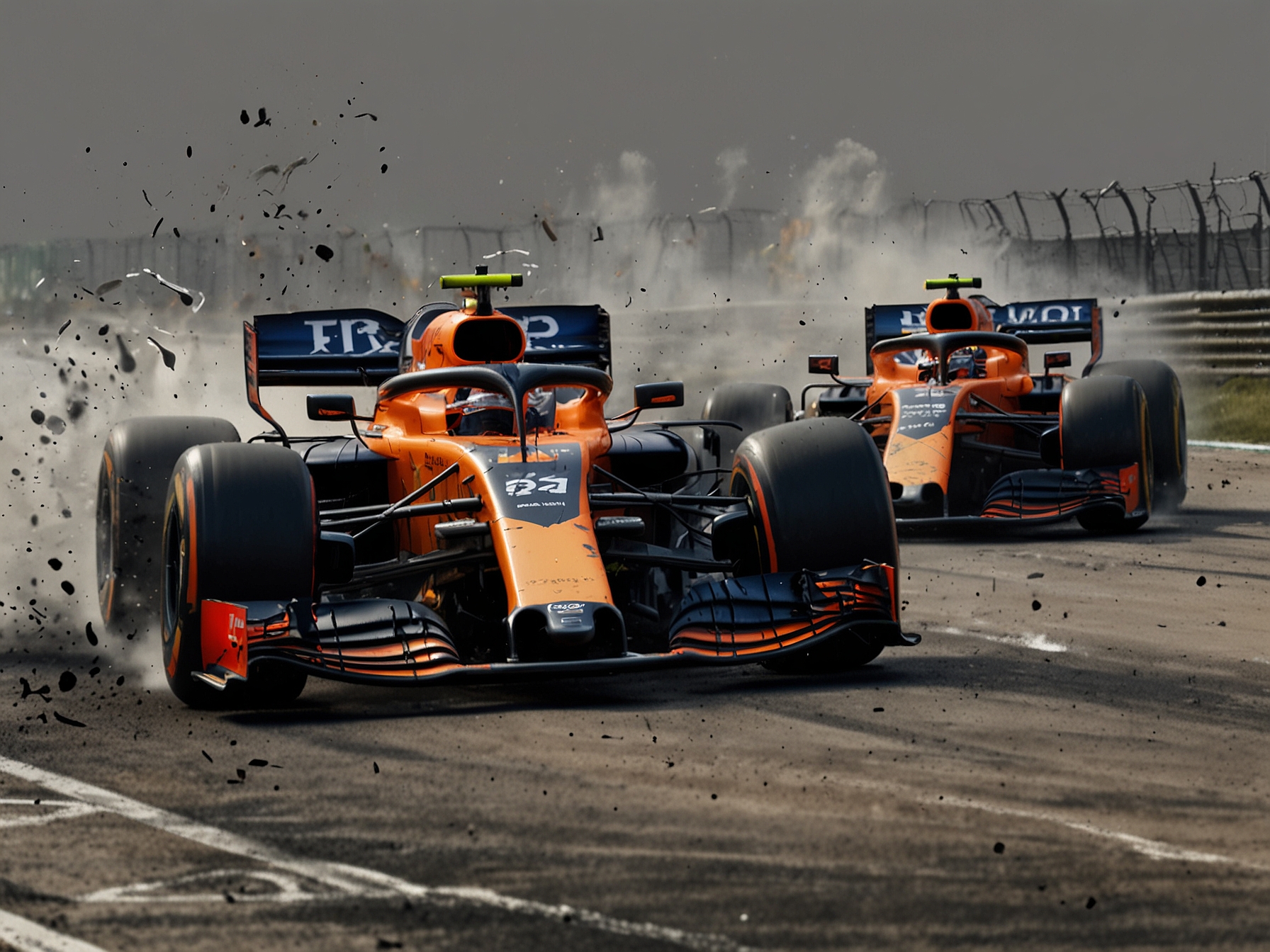 A detailed image showing the aftermath of the collision between Max Verstappen and Lando Norris, with both cars spun off track, illustrating the high stakes of their championship rivalry.
