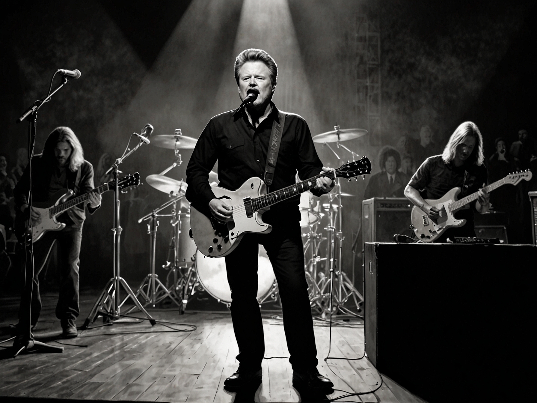 Don Henley on stage with the Eagles, capturing the legendary moment as they perform 'Hotel California,' highlighting his connection to the iconic song and his quest to reclaim the original notes and lyrics.
