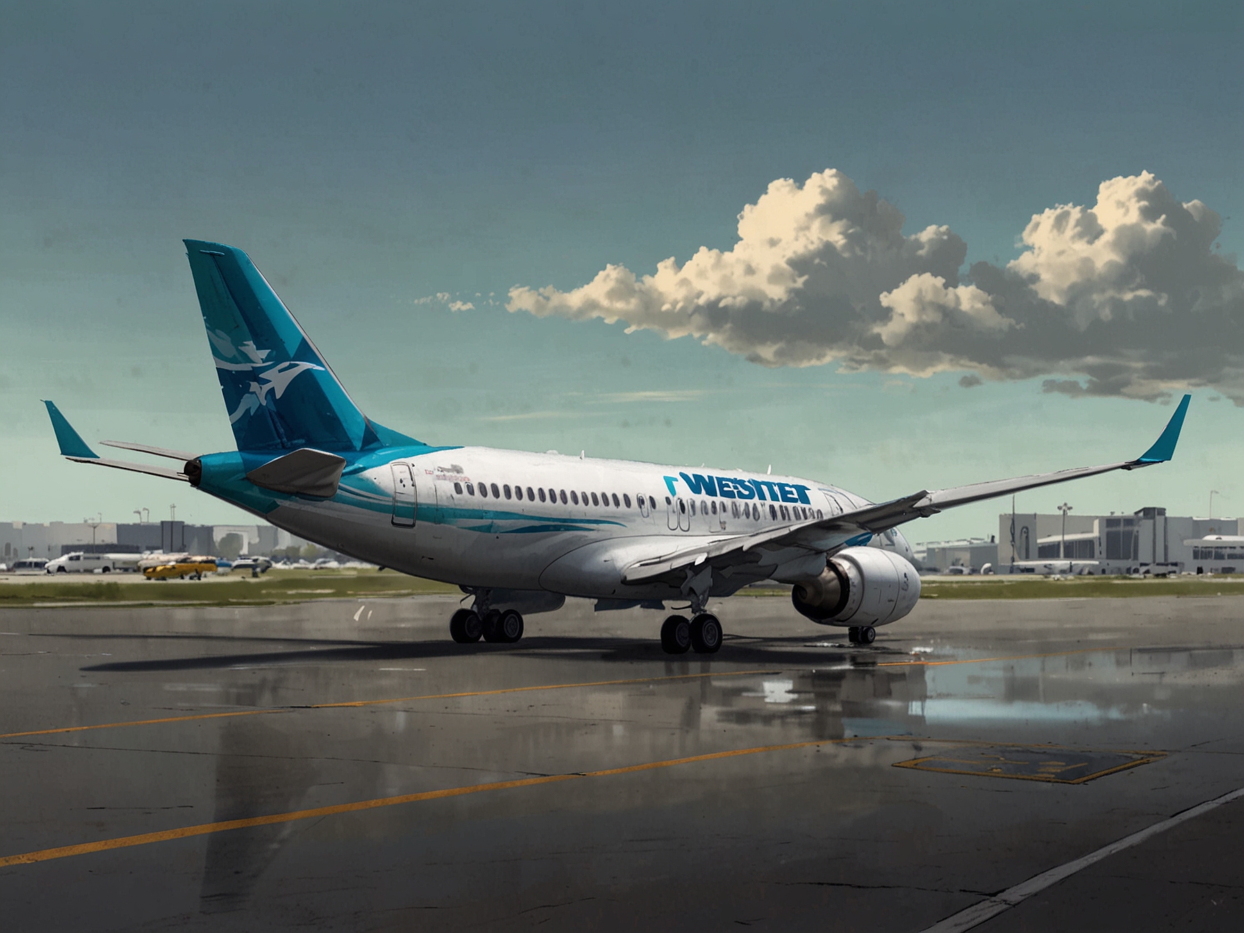 A WestJet airplane parked on the tarmac with no crew or passengers in sight, illustrating the operational halt caused by the pilot strike and highlighting the broad impact on the airline's services.