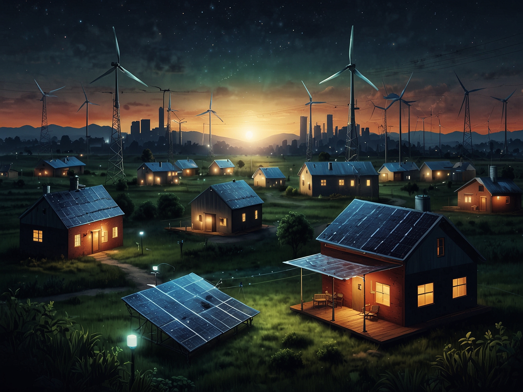 An illustration showing a decentralized energy grid where multiple local communities generate, store, and distribute renewable energy. This setup highlights the democratization and efficiency of DePIN.