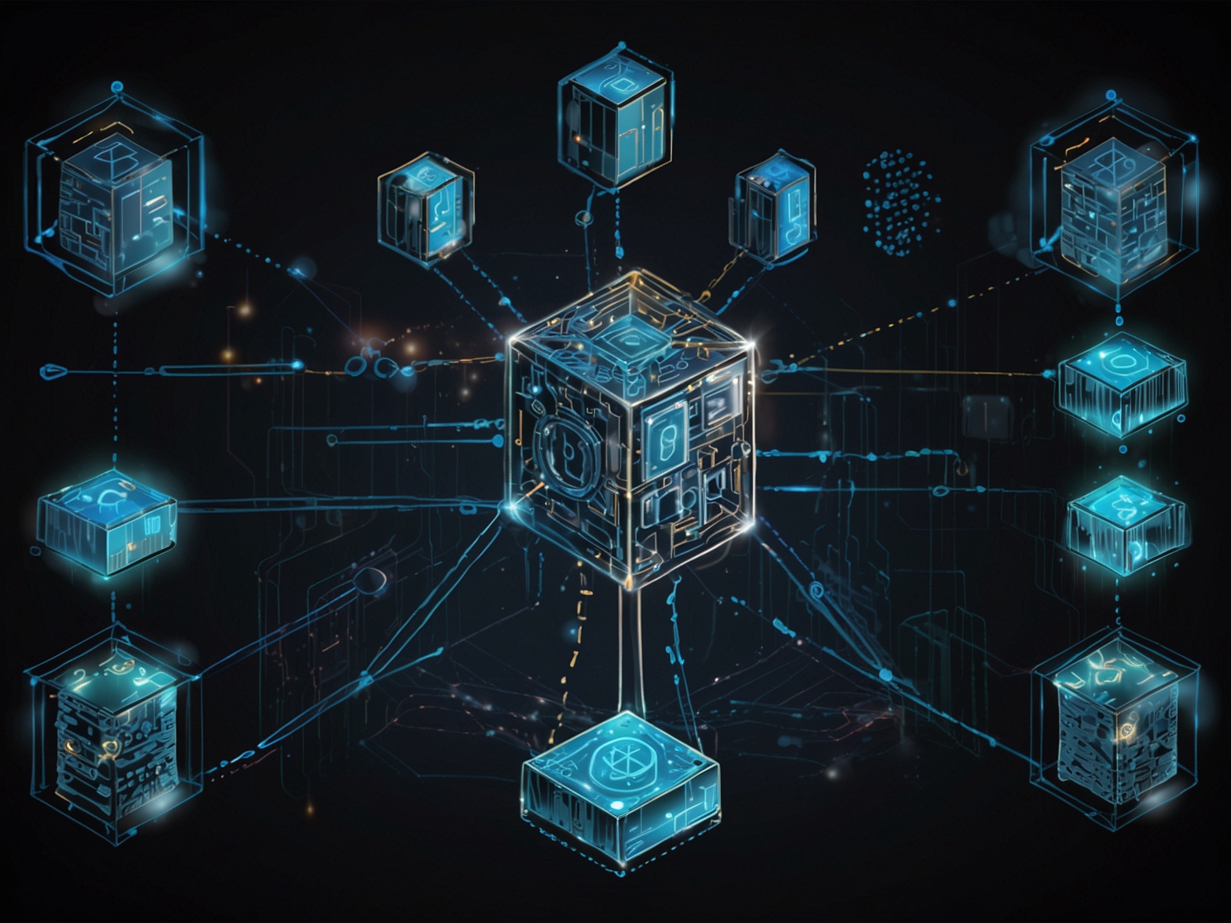A graphic depicting blockchain technology ensuring transparency and security in a decentralized telecommunications network, emphasizing the distribution of control among various stakeholders.