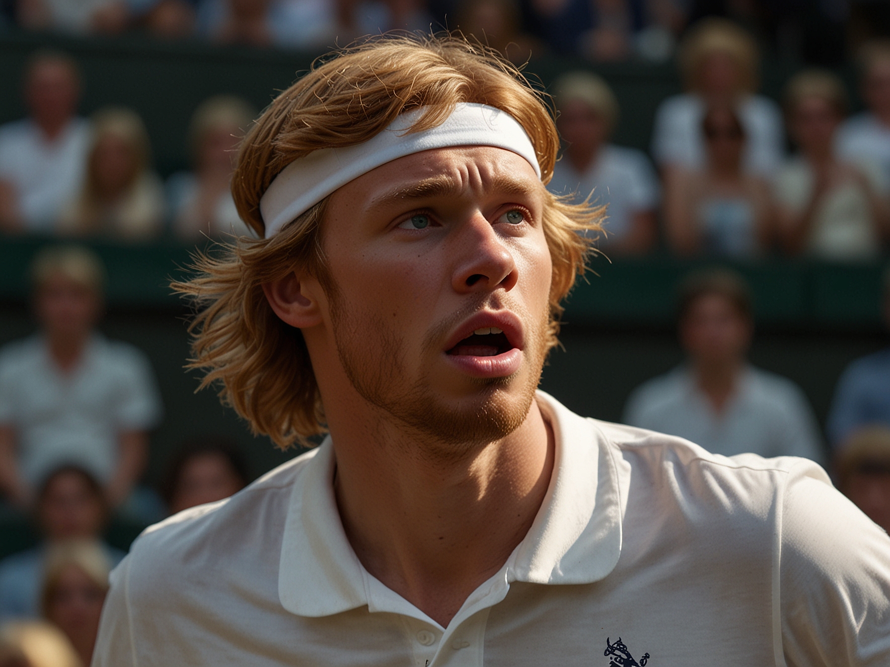 Andrey Rublev seen during his intense match at Wimbledon, just before smashing his racket in frustration, with the crowd looking on in shock and disbelief.