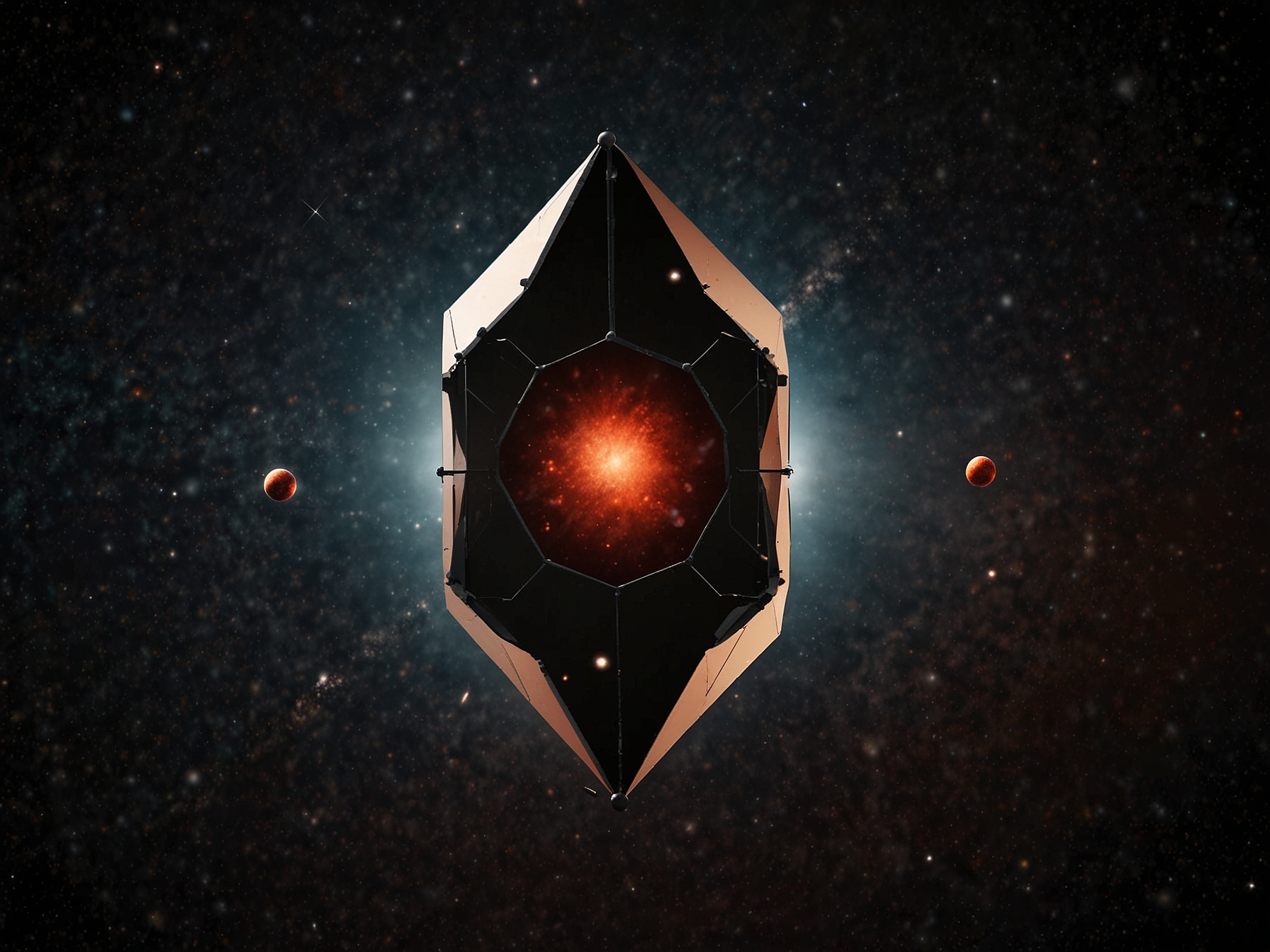 A stunning visualization of the James Webb Space Telescope capturing three red dots at the dawn of the cosmos, symbolizing ancient galaxies discovered. The reddish hue showcases their immense age and distance.