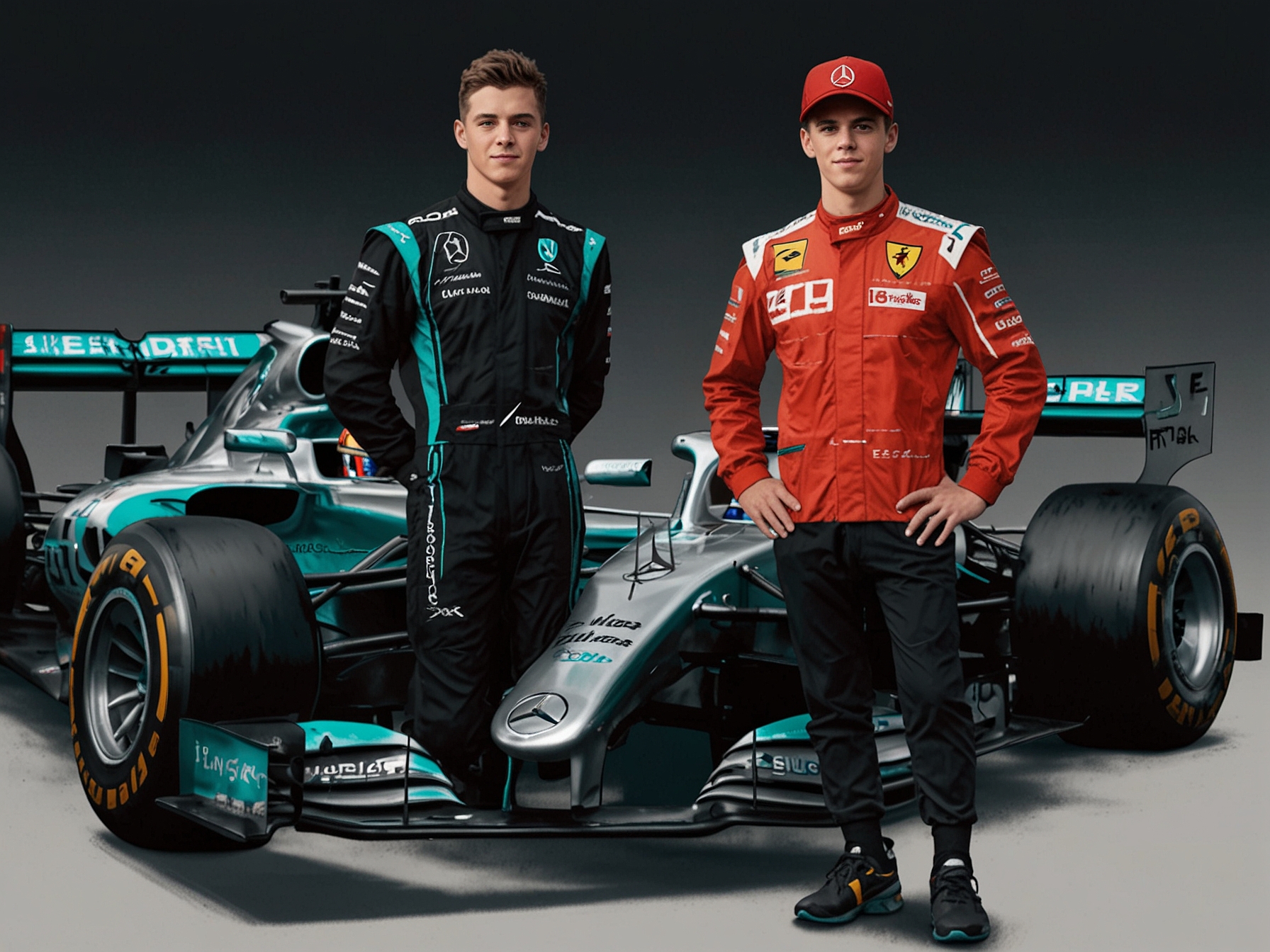 George Russell and Mick Schumacher stand together in front of the Mercedes W16 car. The Mercedes garage buzzes with activity, highlighting their youthful driver lineup for the 2025 F1 season.