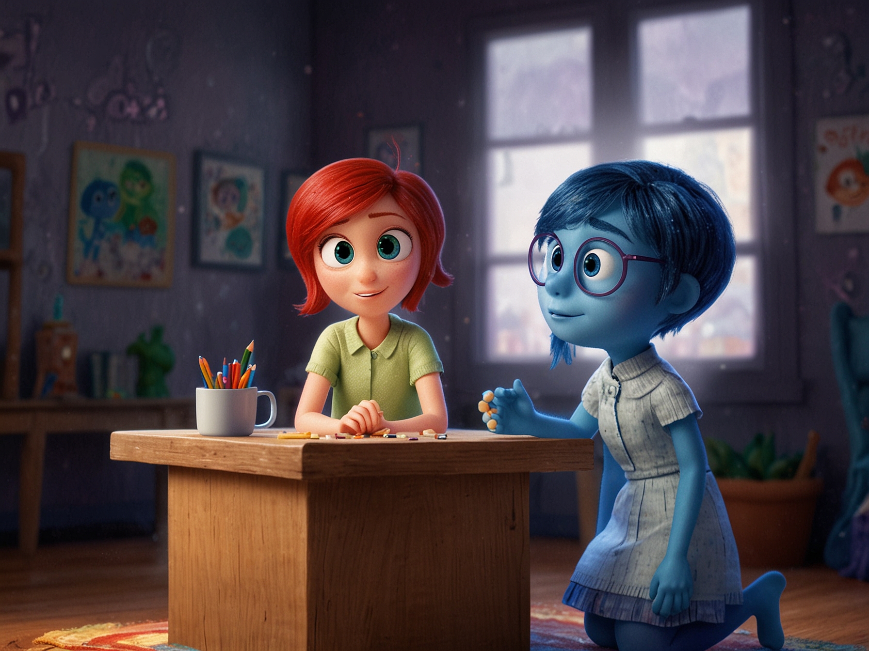 A vibrant scene from 'Inside Out 2' showing new and returning emotional characters interacting, highlighting the film's exploration of complex emotional themes.