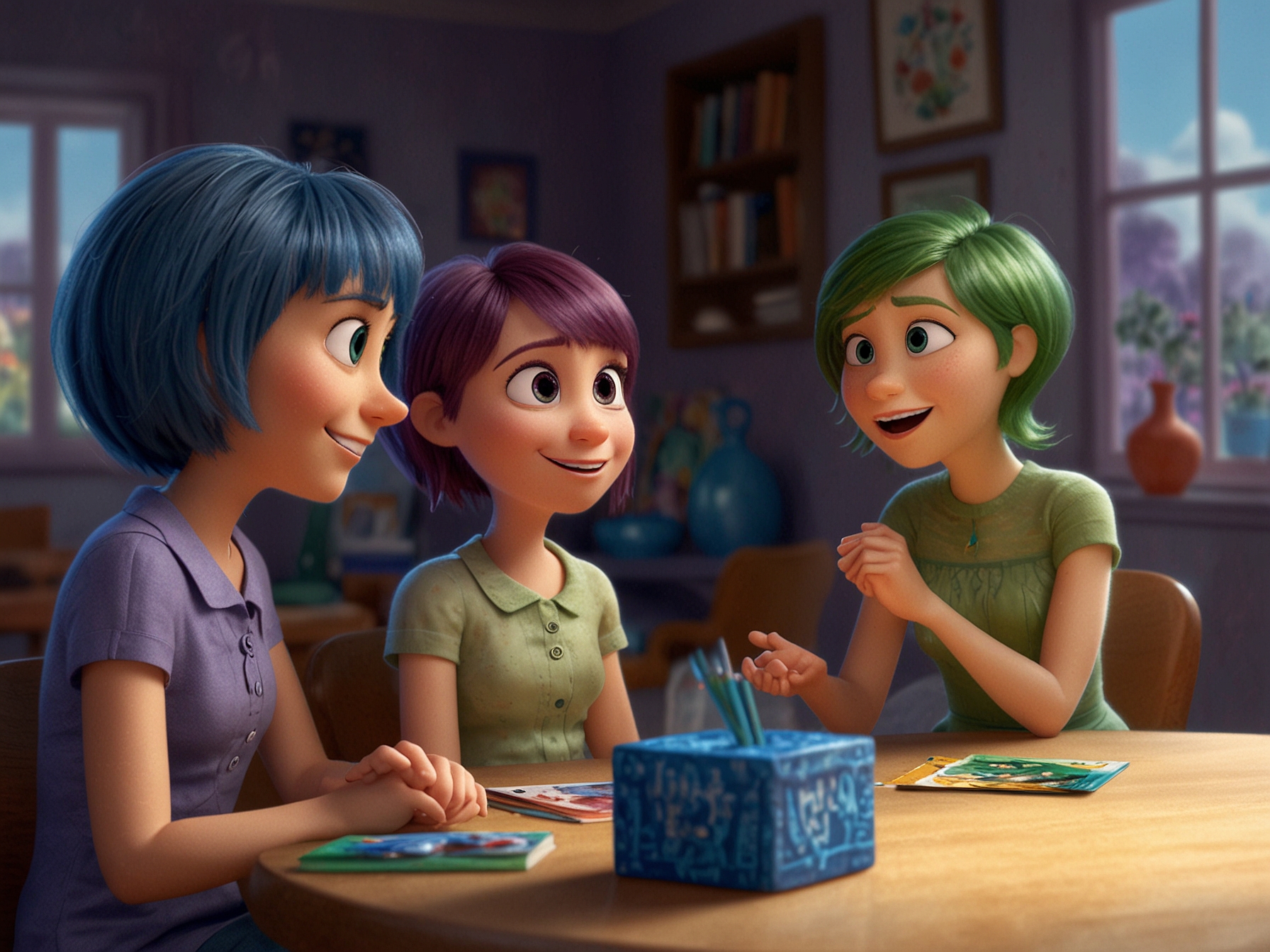 A group of diverse characters from 'Inside Out 2' engaging in a heartfelt moment, capturing the movie's blend of humor and poignant insights into personal growth.