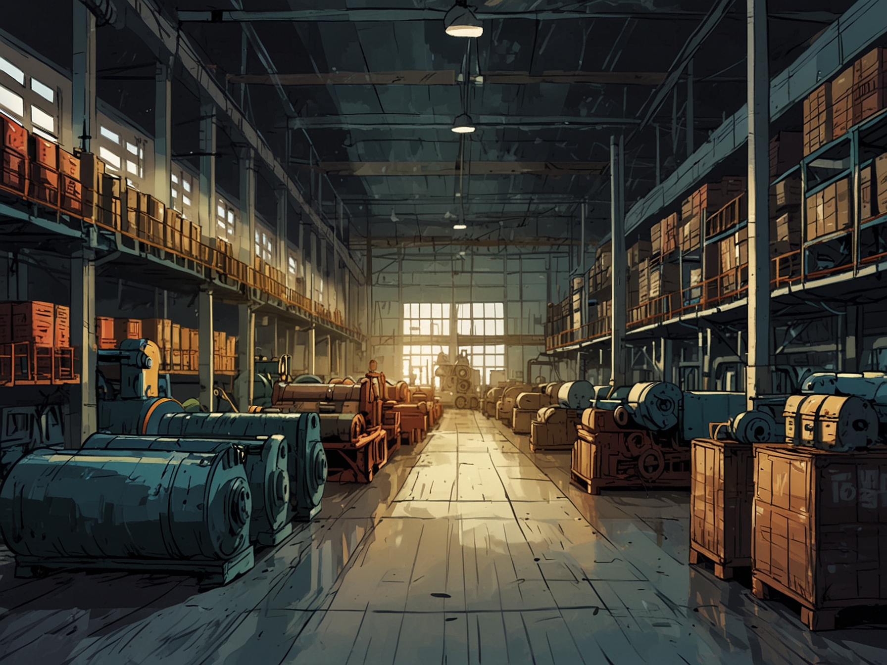 A factory floor with idle machinery and stacked inventory, symbolizing the slowdown in manufacturing activity due to rising costs and supply chain issues.