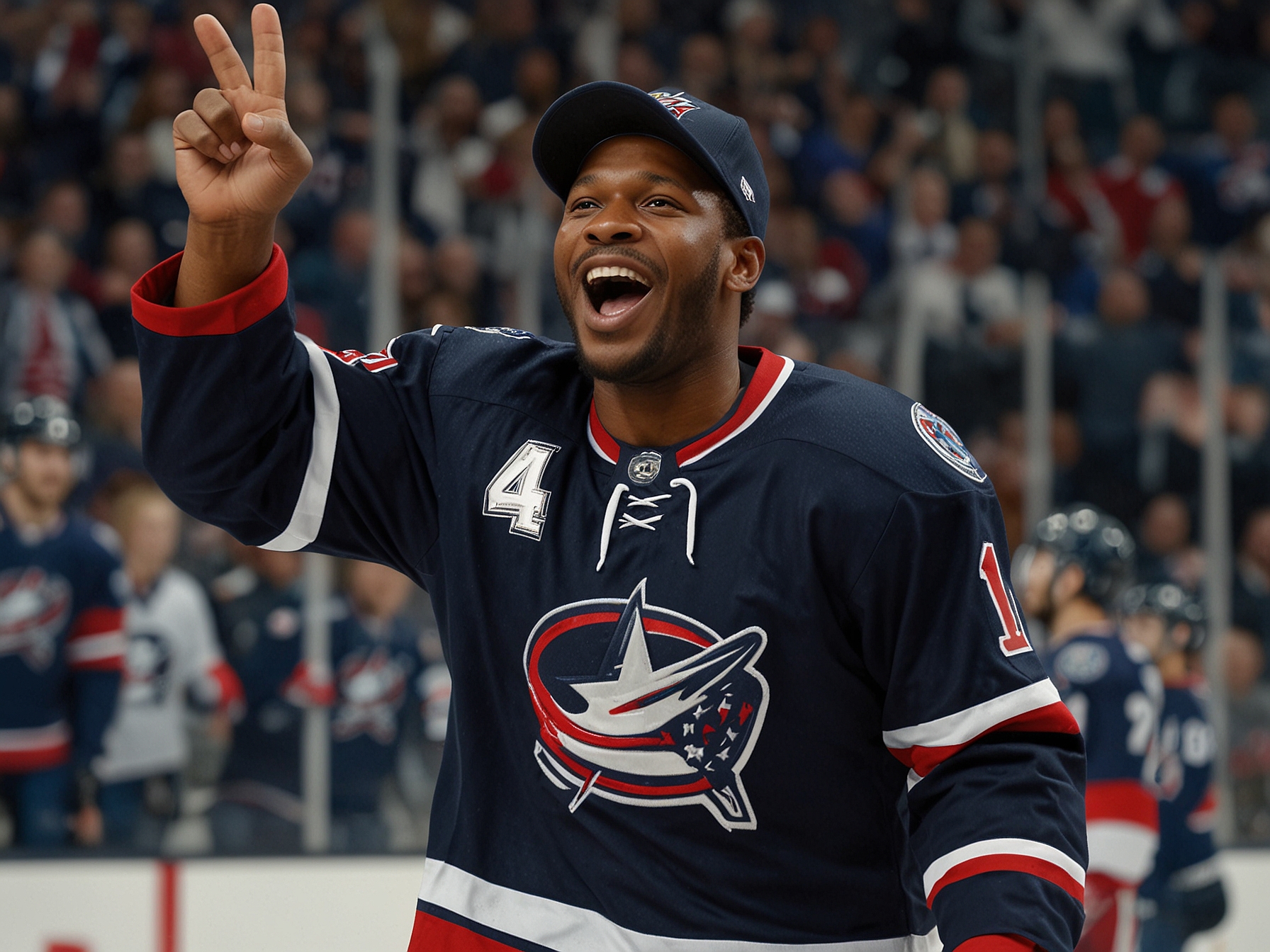 Veteran defenceman Jack Johnson, in his Columbus Blue Jackets uniform, celebrates after a triumphant goal, reflecting his return and the excitement among fans and teammates.