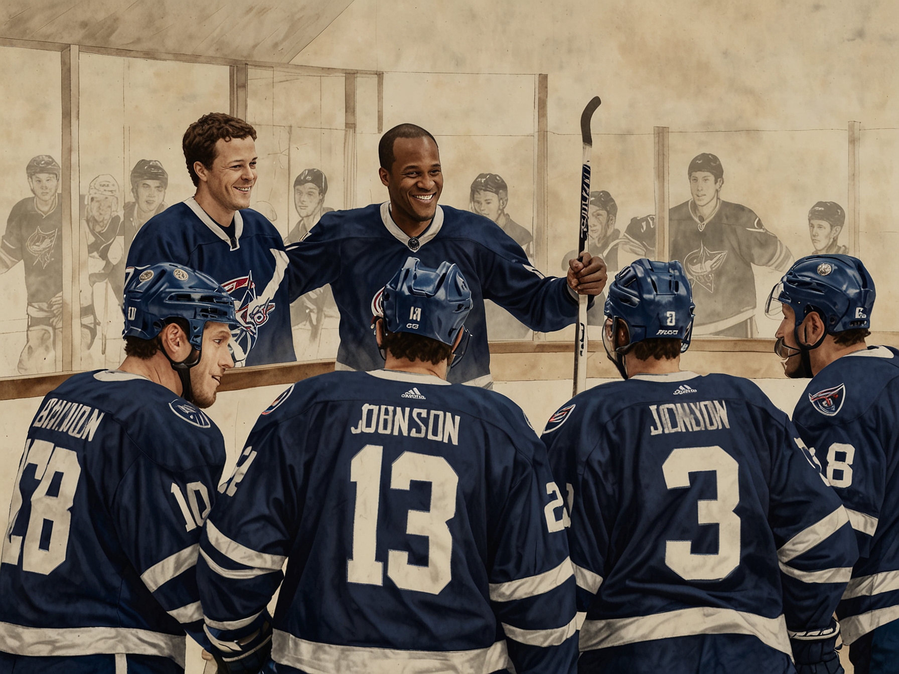 Jack Johnson shown mentoring young Blue Jackets players during a practice session, emphasizing his role as a leader and experienced guide for the team's rebuild efforts.