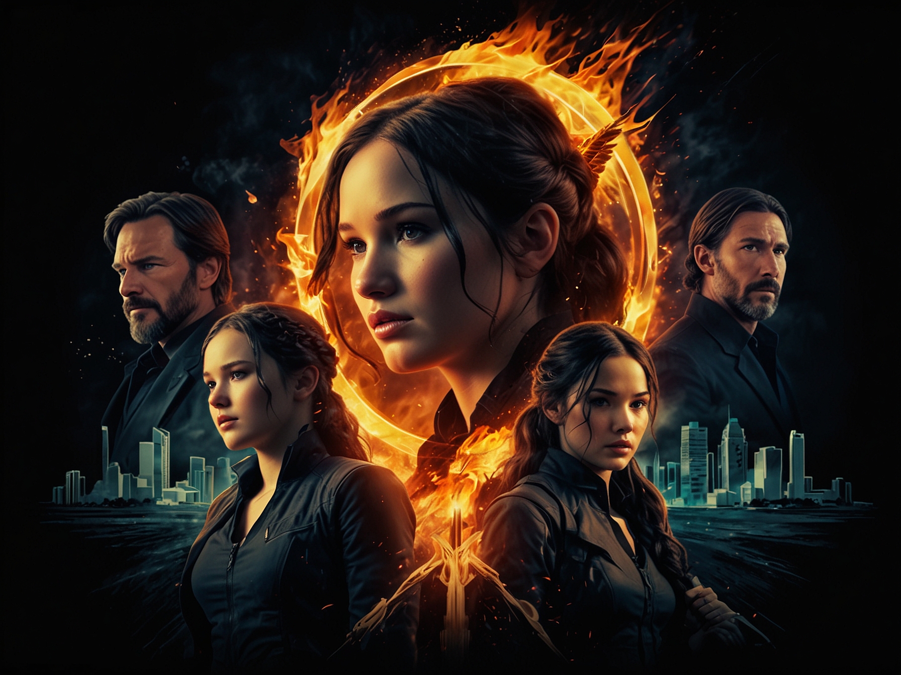 An image of Lionsgate's iconic franchises such as 'The Hunger Games,' 'John Wick,' and 'Saw,' showcasing their success and impact on the film industry.