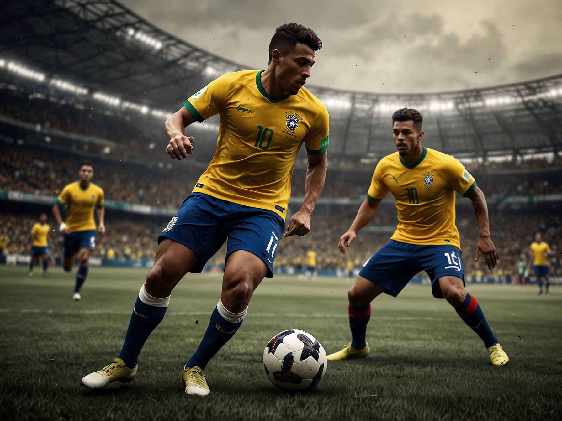Action shot of Brazilian and Colombian players vying for possession on the pitch, highlighting the intensity and competitive spirit of the Copa America clash.