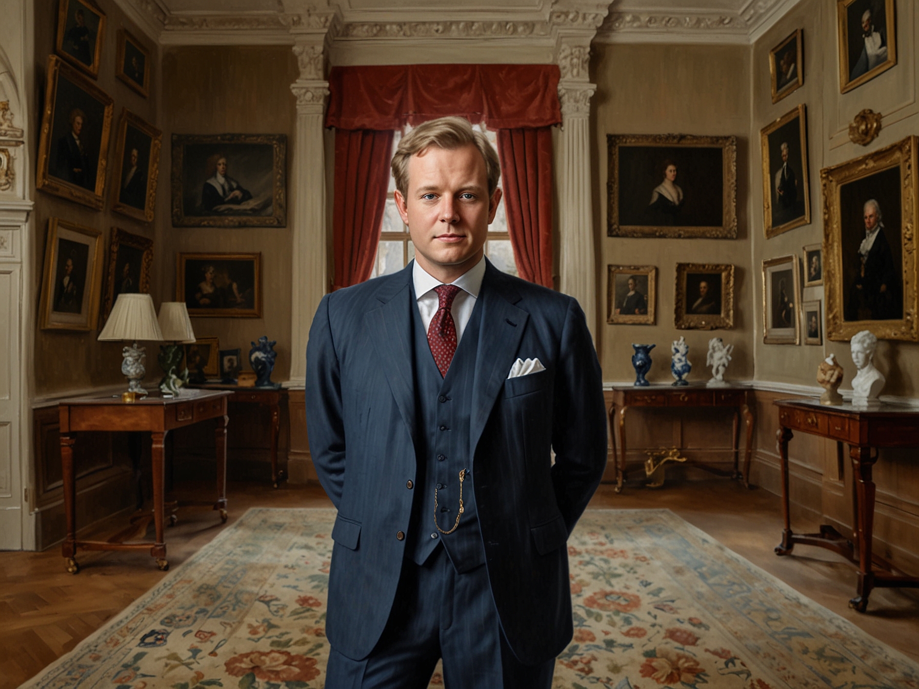 Louis Spencer, Viscount Althorp, posing in front of historical artifacts, symbolizing his role as the future custodian of the Althorp Estate and its rich cultural heritage.