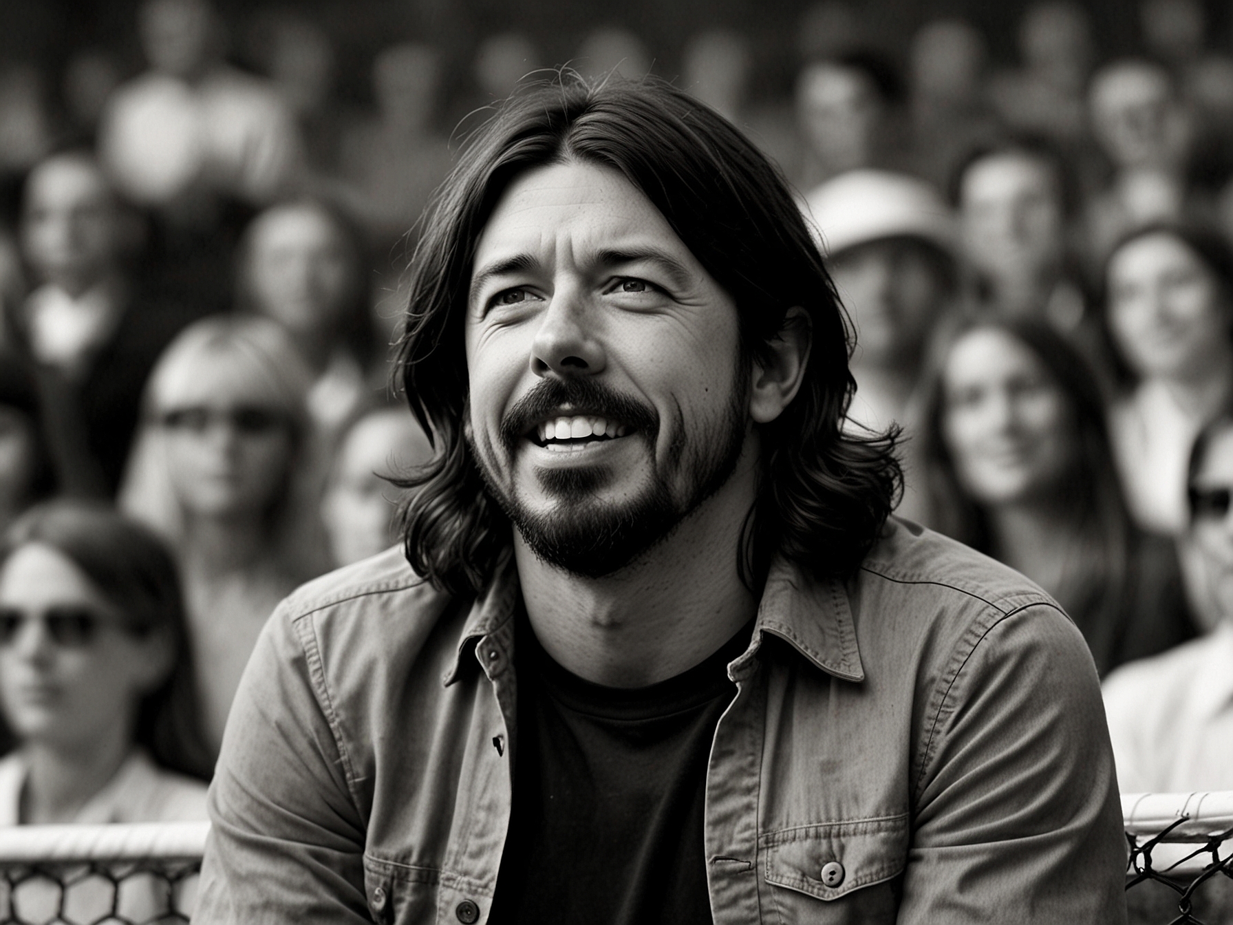 Grohl enthusiastically watches a match at Wimbledon, his expressions and occasional chats with spectators reflecting his genuine interest and insightful observations on the tournament.