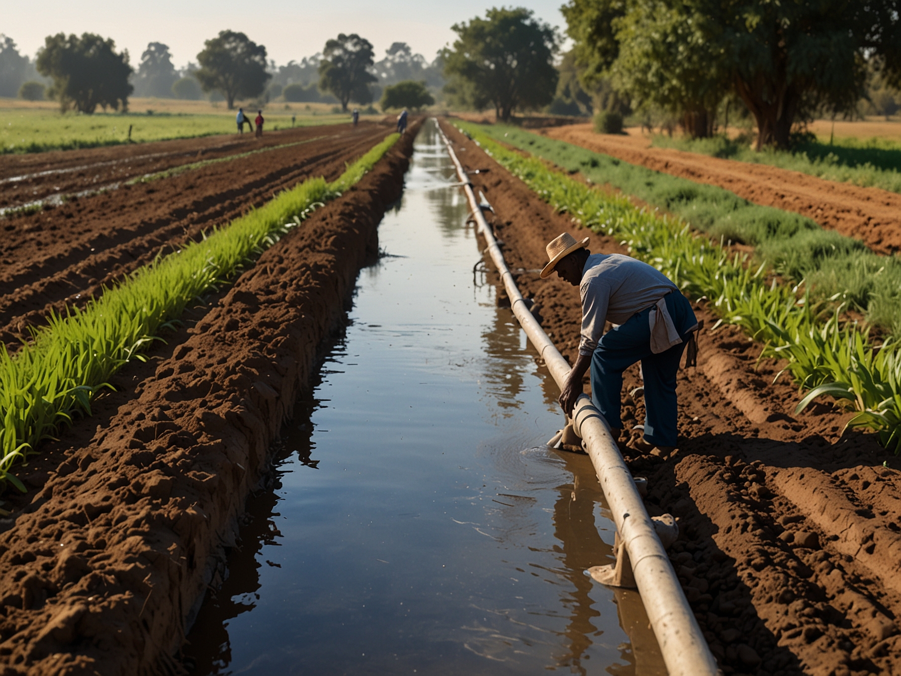 Farmers irrigating crops with new water pipelines. This image highlights the fund's impact on agricultural resilience and water resource management, essential for withstanding droughts and floods.