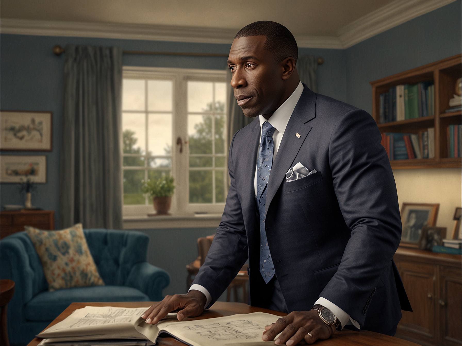 Illustration of Shannon Sharpe in action on the football field, juxtaposed with a serene, controlled home environment, representing the balance between his professional and personal life.