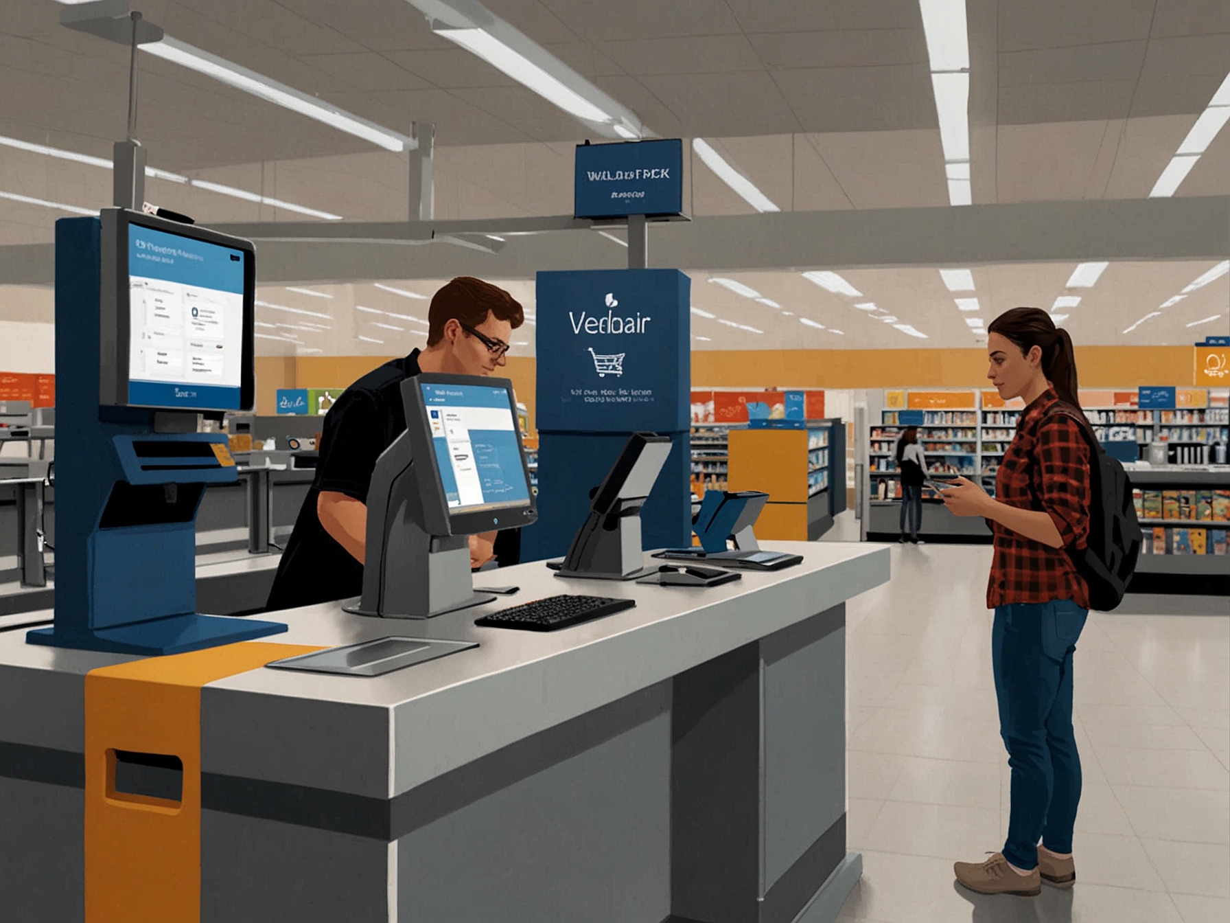 An image showing a customer at a Walmart self-checkout counter, scanning items. The focus should be on the scanning process to highlight the self-checkout system.
