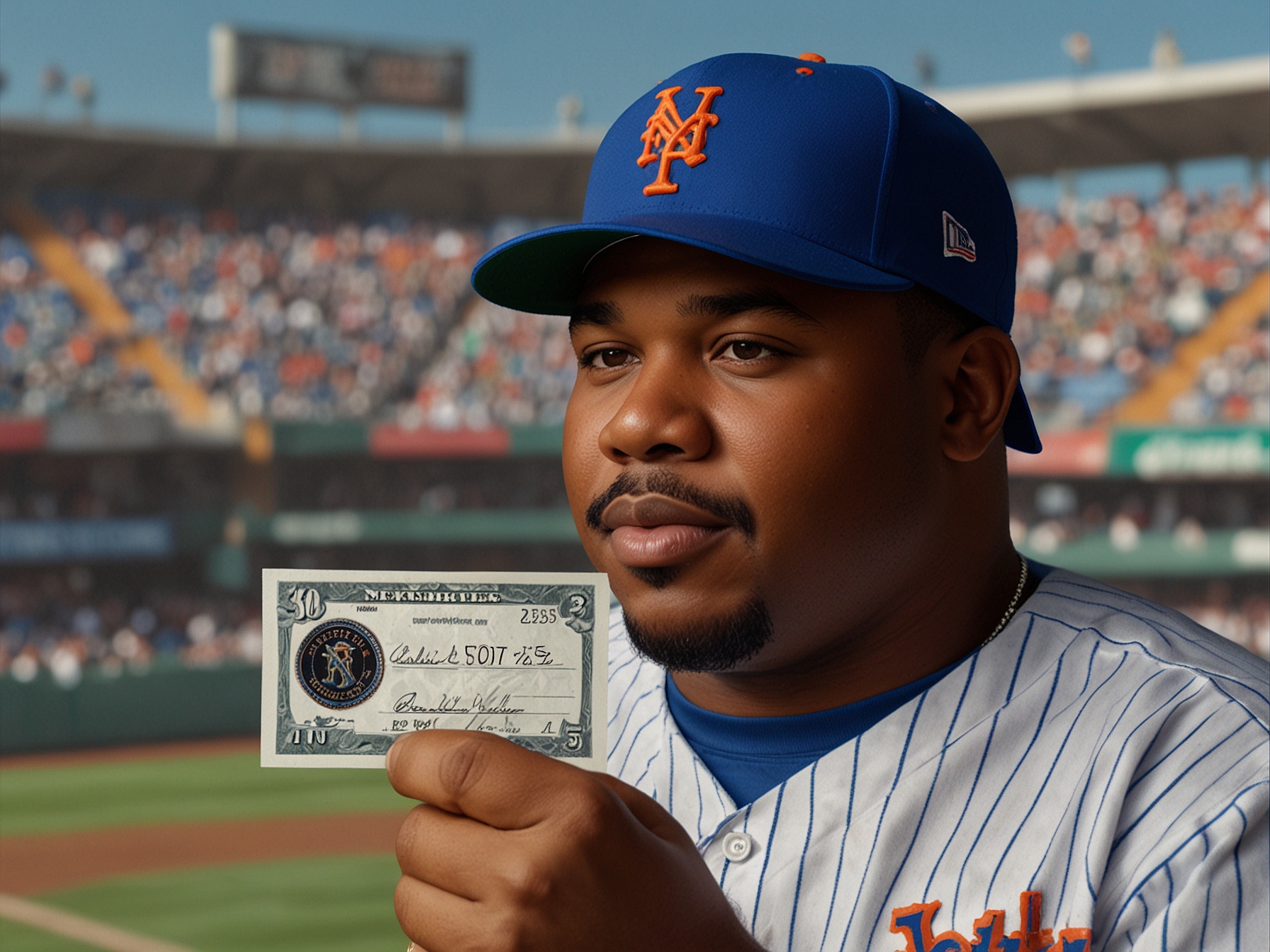 An illustration of Bobby Bonilla holding a check with the New York Mets' logo, symbolizing the annual $1.19 million payment he receives every July 1.