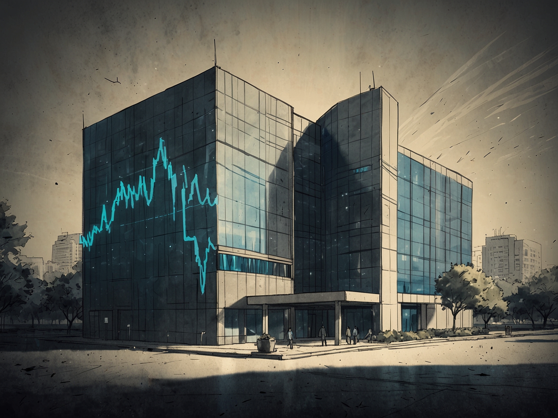An illustration of InMobi's headquarters with a stock market graph overlay, symbolizing the company's renewed IPO ambitions on the Indian stock exchanges.