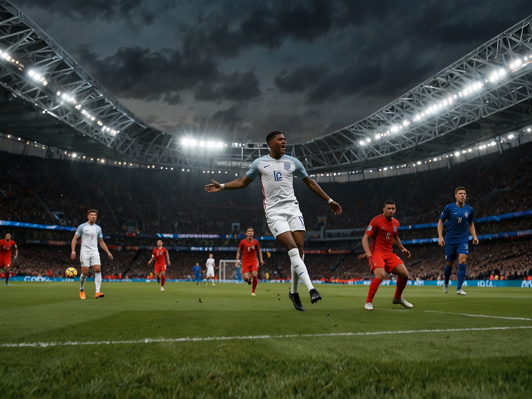 Action shot from the 2017 match between England and Slovakia, capturing Marcus Rashford scoring the winning goal that secured England's pivotal 2-1 victory at Wembley Stadium.